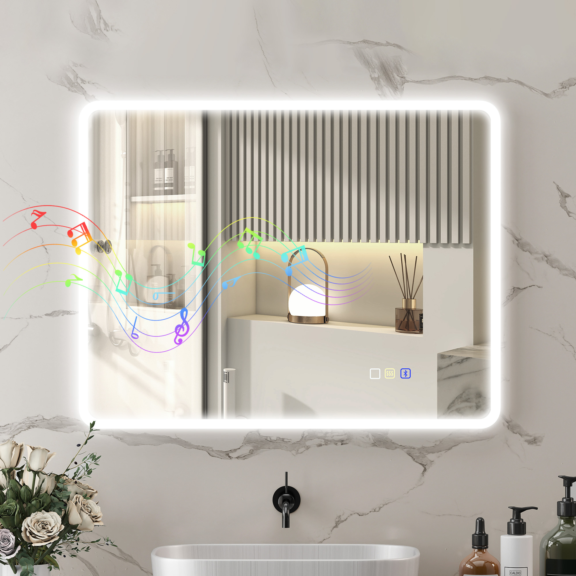 Led-badezimmerspiegel Mit Bluetooth, 70 X 90 Cm, Touch-bedienung, Einstellbarer Beleuchtung, 3 Farben, Beschlagfrei, Memory-funktion, Silber