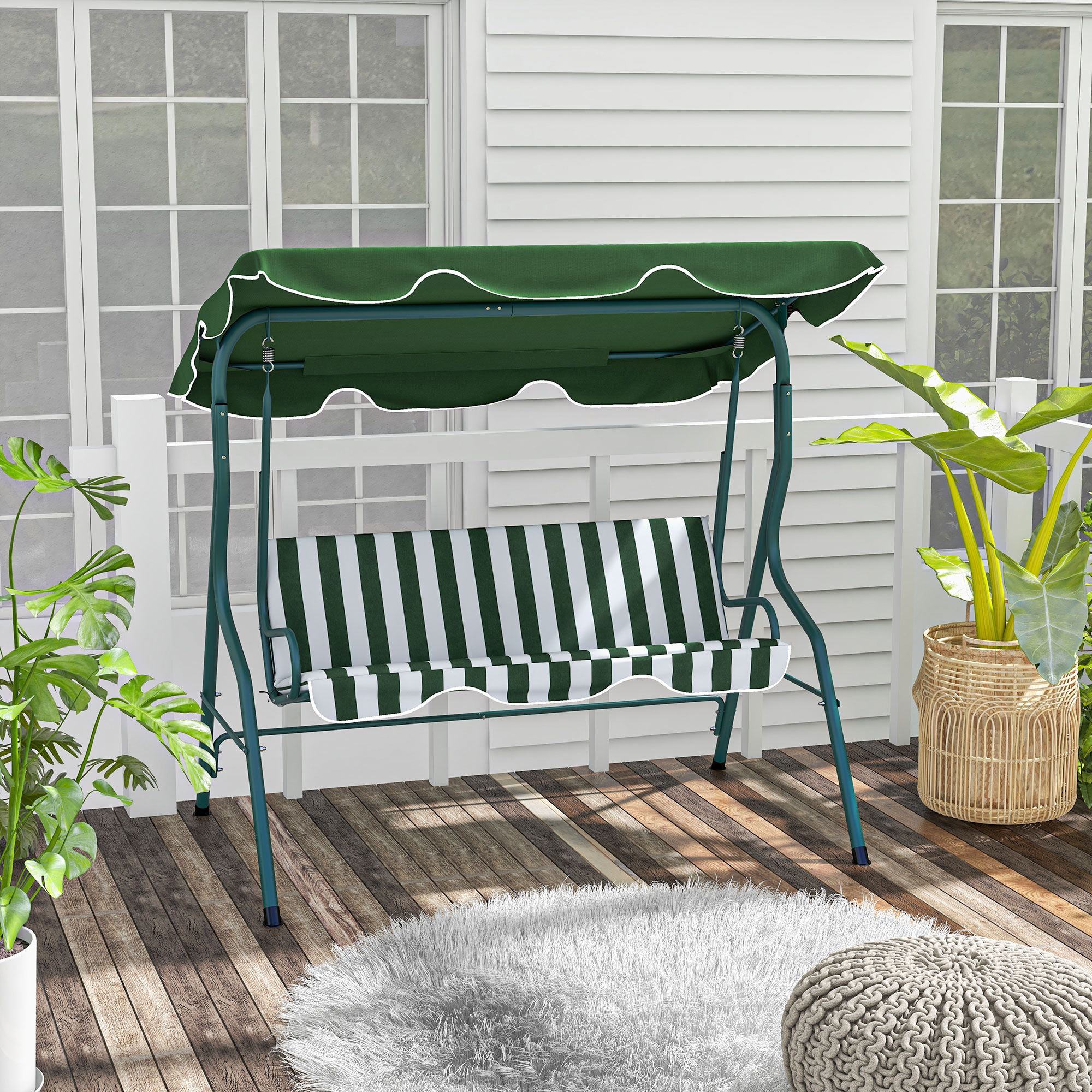Dreisitzer-schaukel Mit Verstellbarem Sonnenschutz Und Kissen, Aus Stahl Und Polyester, 170 X 110 X 153 Cm, Grün Und Weiß