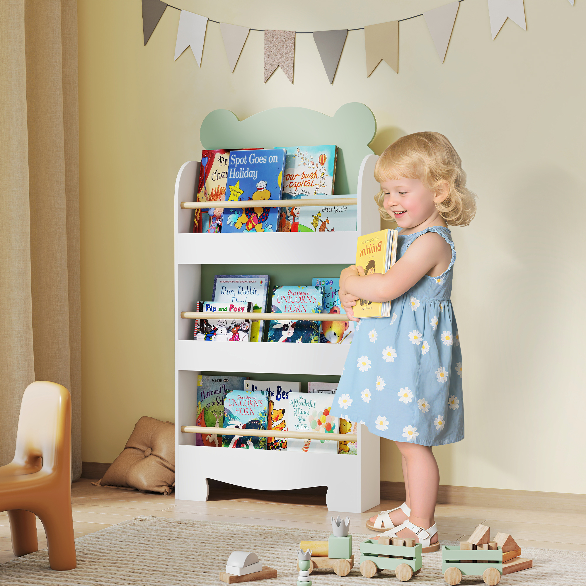 Kinderbücherregal Mit 3 Regalböden Und Teddybärförmigen Fronten, 55 X 15 X 110 Cm, Grün