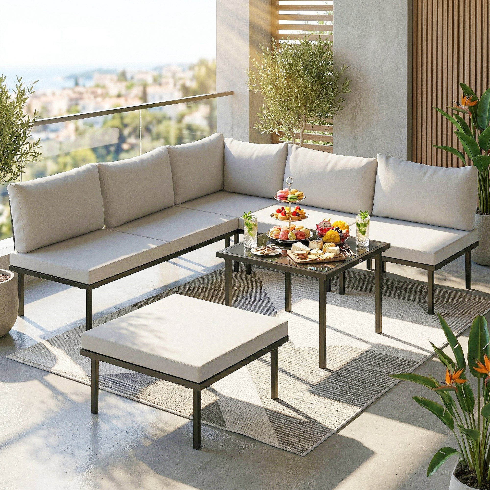 Modulare Eckloungegruppe Für 6 Personen, Couchtisch Mit Tischplatte Aus Gehärtetem Glas, Hellgrau