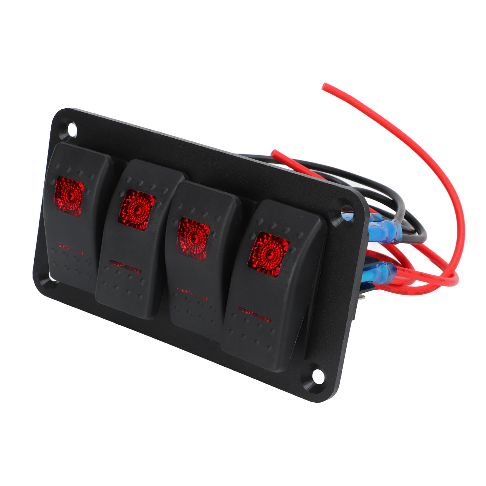 Panneau D'Interrupteurs À Bascule 4 Voies, Précâblé Rouge, Avec 2 Autocollants Pour Automobile Et Bateau, 12 V 20 A / 24 V 10 A