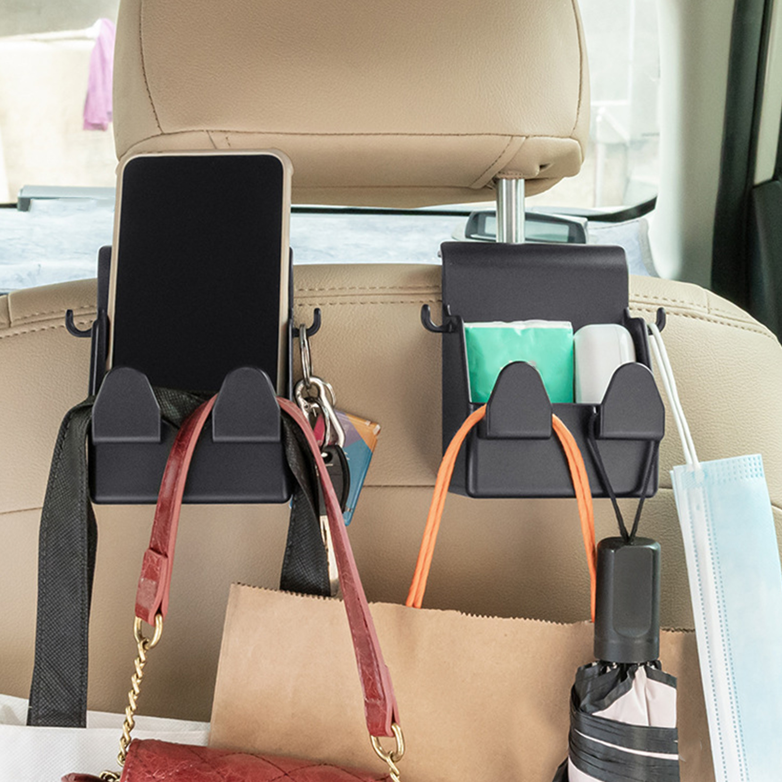 Organizer Mit Haken Zur Befestigung An Der Kopfstütze Des Autositzes, Kompatibel Mit Allen Fahrzeugen. Geeignet Für Handtaschen, Handys Und Andere Gegenstände.