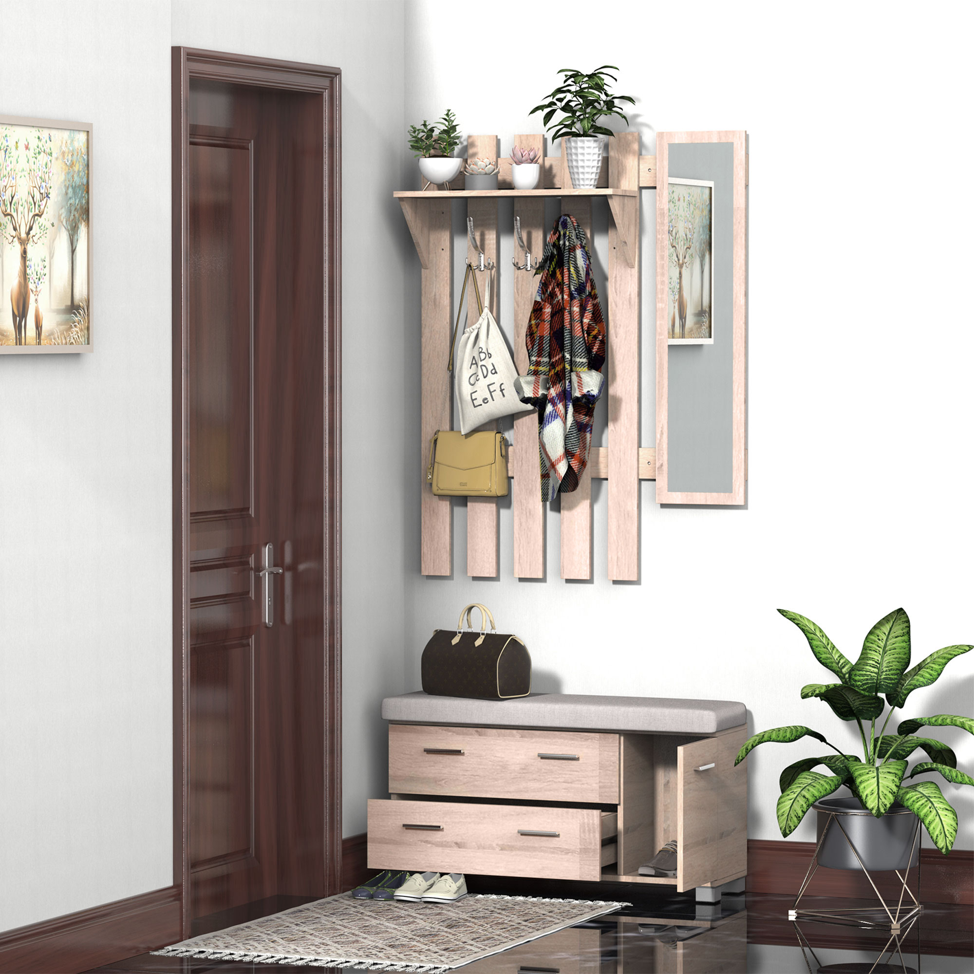 3-in-1-kleiderschrank Mit Spiegel Und Schuhregal Für Den Eingangsbereich, Spanplatte, 90 X 21,5 X 116 Cm, Eiche