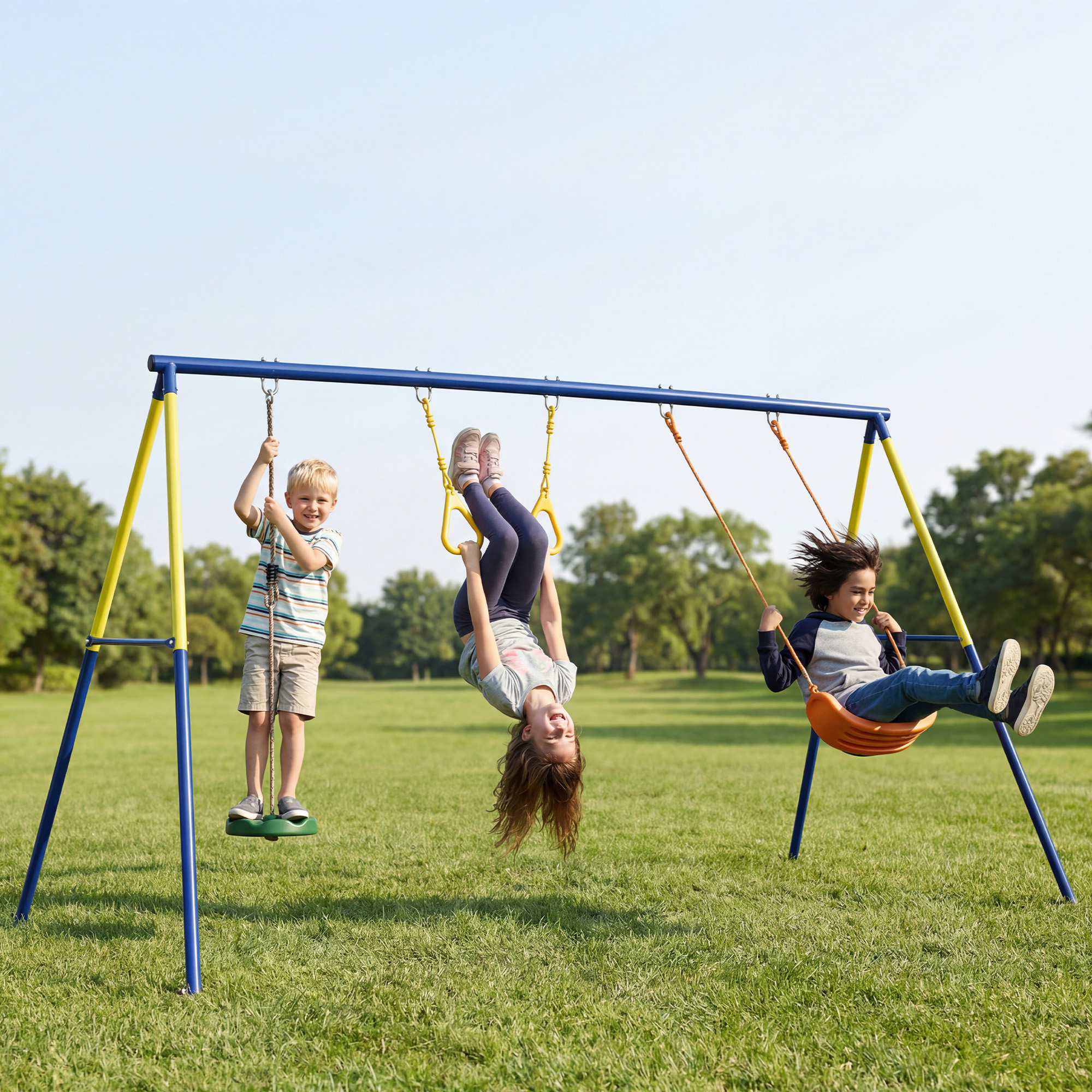 3-in-1-gartenschaukel Für Kinder, Schaukelstuhl, 2 Turnringe Und Scheibenschaukel