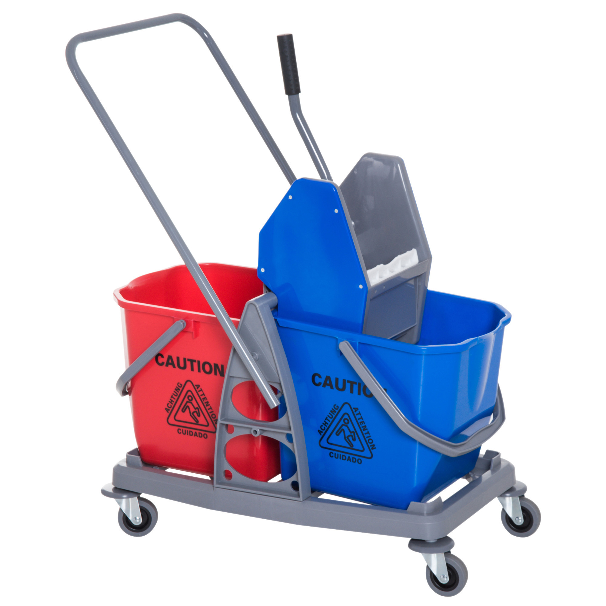 Chariot De Nettoyage Avec 2 Seaux, Chariot Système À 4 Roues Pivotantes, Métal+pp, Bleu+rouge, 73 × 45 × 92 Cm