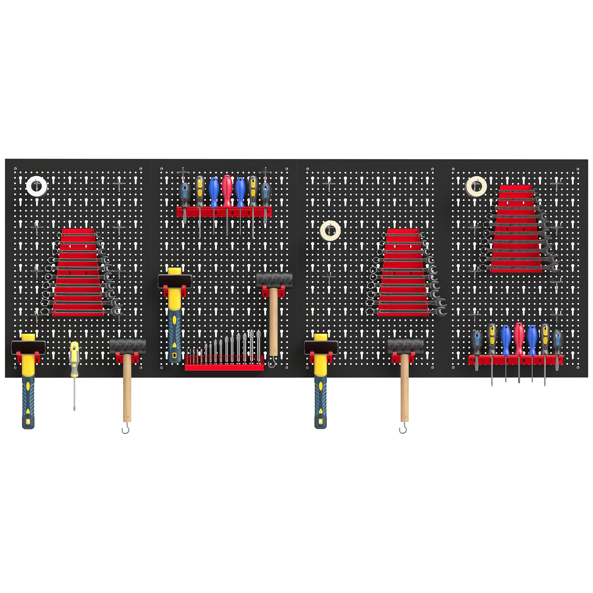 Étagère De Rangement 60 X 40 Cm, 38 Pièces. Grand Système Mural Avec Crochets, Tablettes Et Bacs Ouverts, Noir Et Rouge.