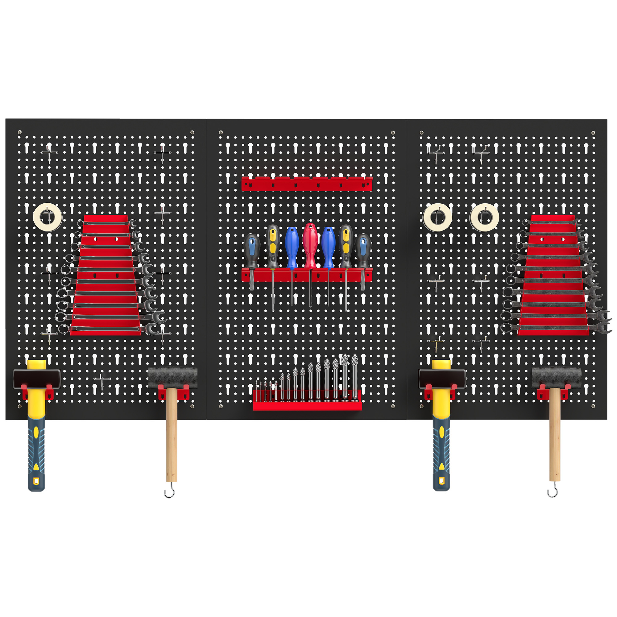 Étagère Murale 60x40 Cm Pour Rangement Atelier, 28 Crochets + Compartiments, Noir Et Rouge