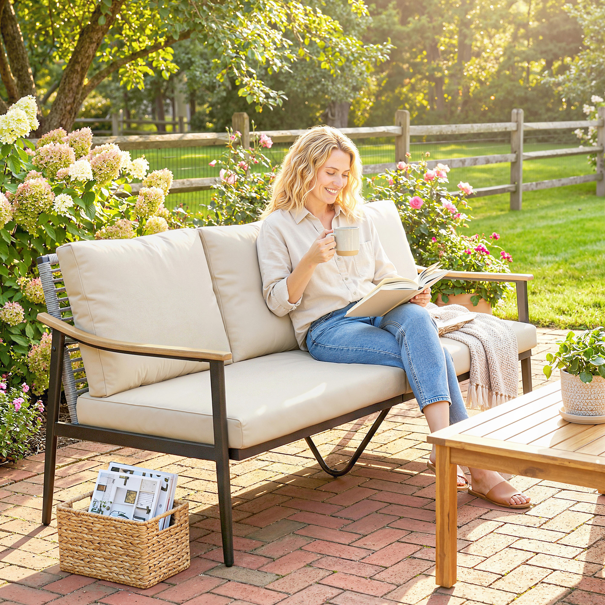 Dreisitziges Gartensofa Aus Rattan Mit Armlehnen Und Rückenlehne In Holzoptik, Für Veranda, Innenhof, Khaki