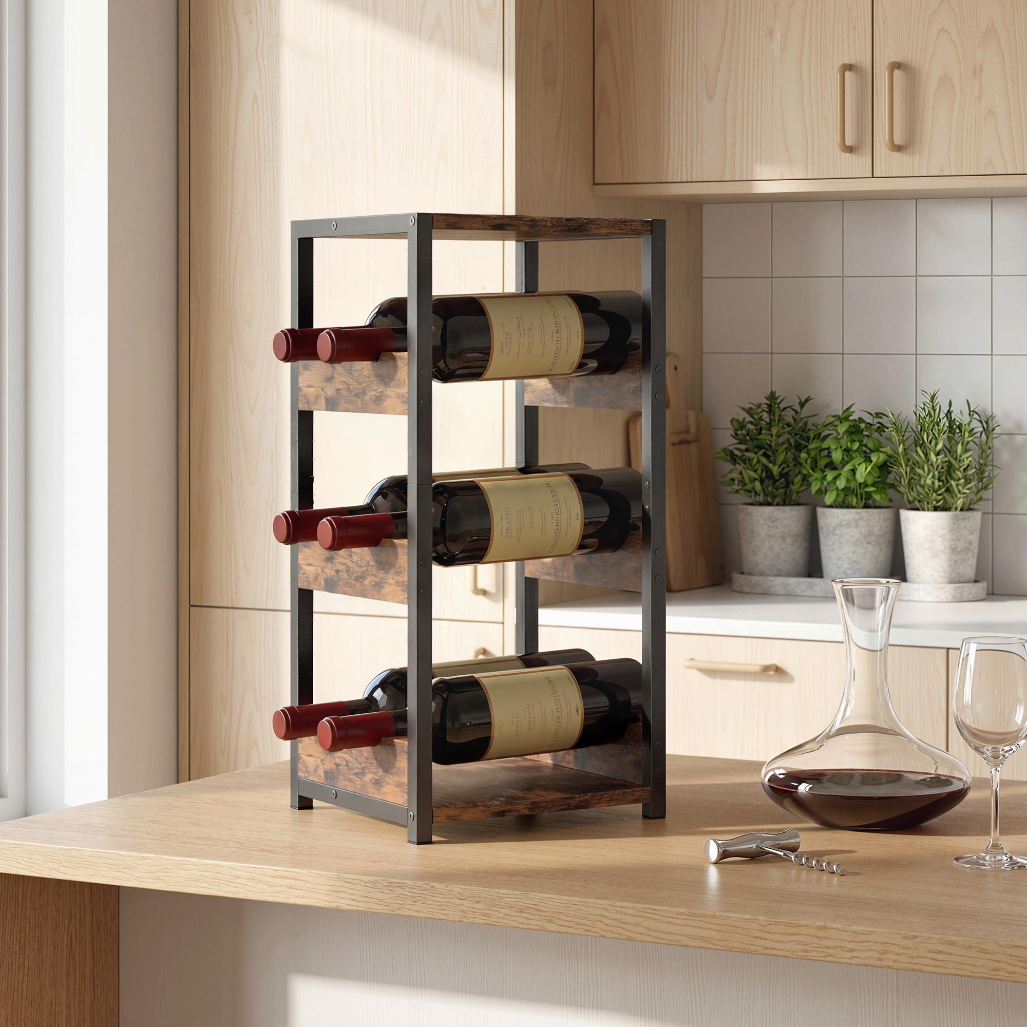 Weinregal, Gebogene Regalböden, Verstellbare Füße, Rustikales Braun, Schwarz.