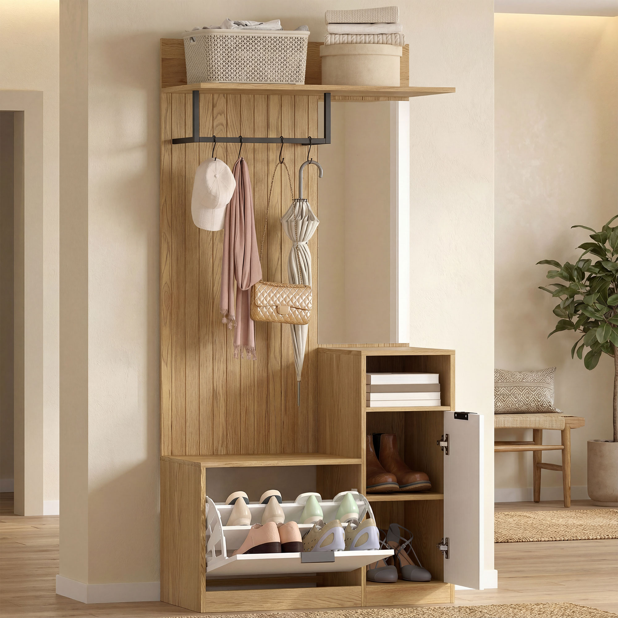 Garderobenständer Mit Kleiderstange, 4 Haken, Bank Mit Schuhablage Und Kleiderschrank, Eiche Und Weiß