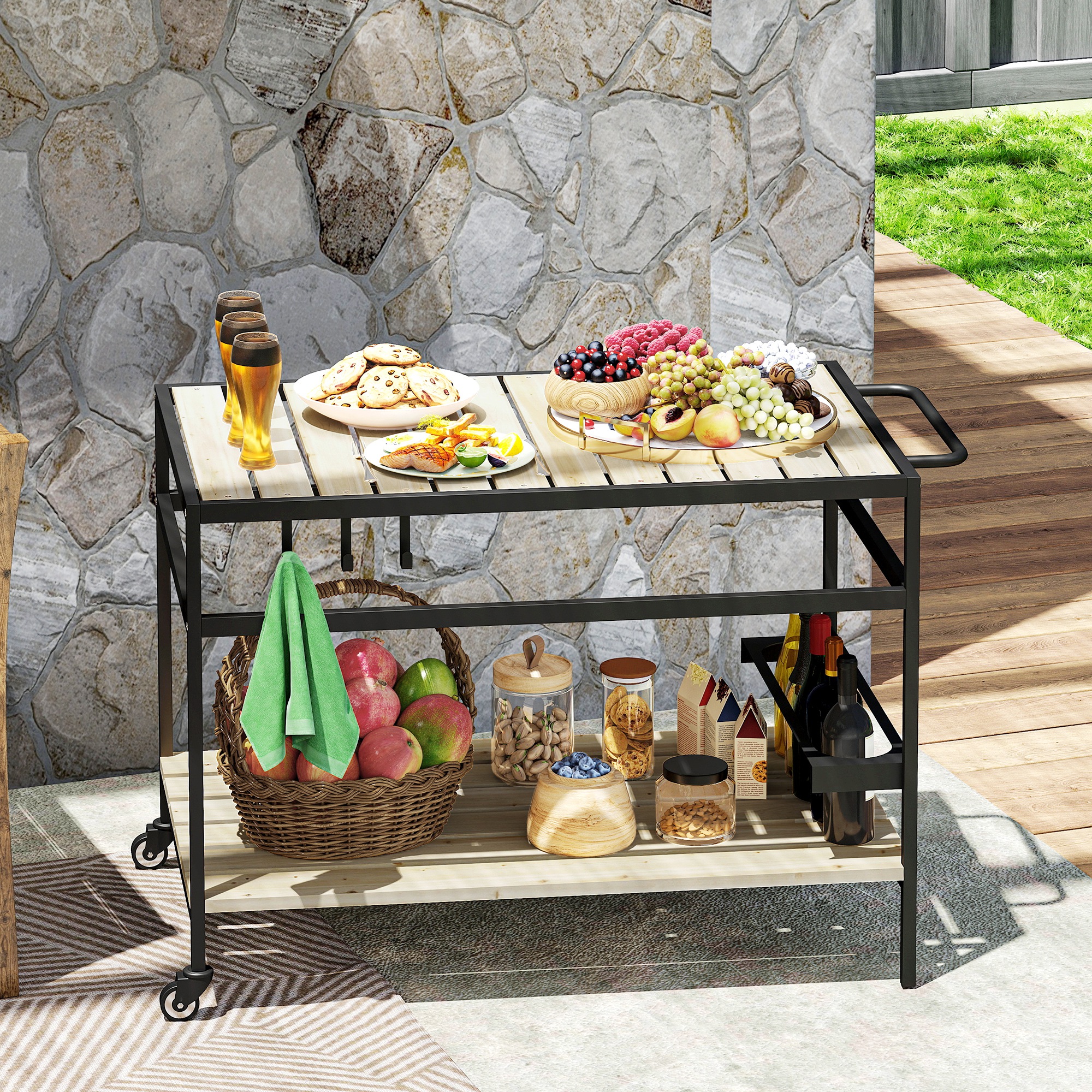 Gartenwagen Aus Holz Und Stahl Mit Lattenrost, Ablage Und Griff, 107 X 65 X 80 Cm