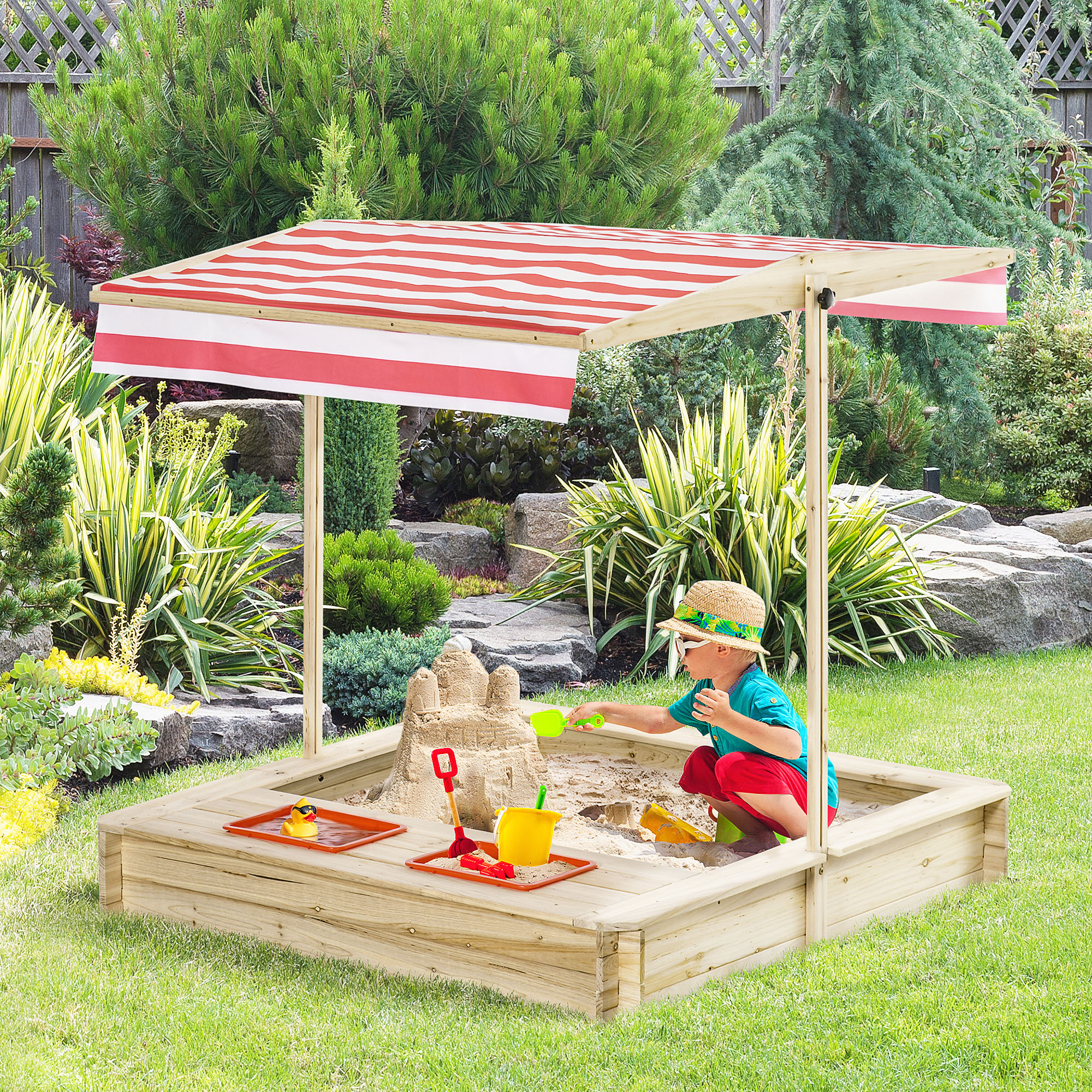 Sandkasten Für Kinder Von 3 Bis 8 Jahren Mit Verstellbarem Sonnenschutz, Aus Tannenholz Und Polyester, 118 X 118 X 118 Cm