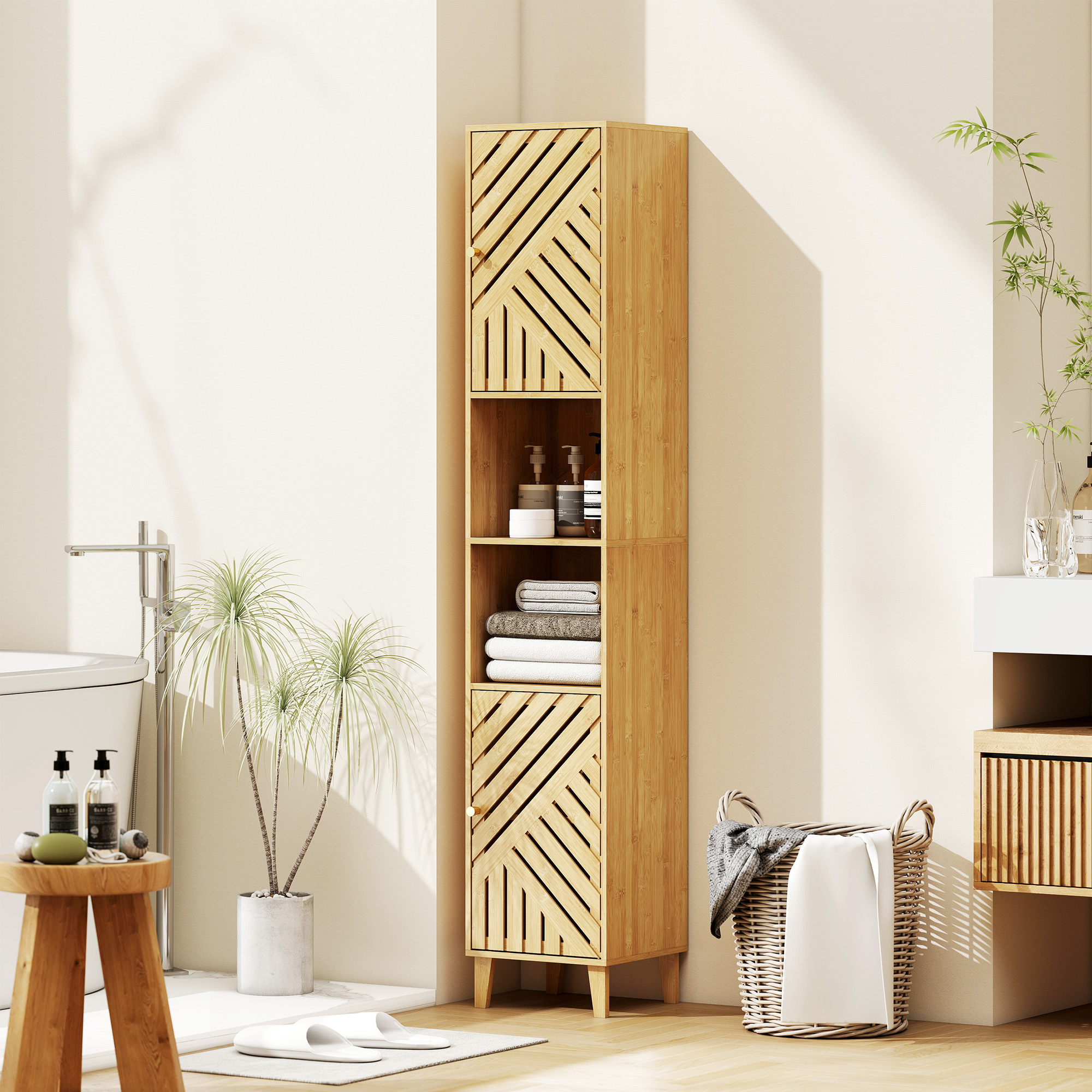 Badezimmerschrank Mit 2 Schränken Und 2 Ablagen (eine Davon Verstellbar), Aus Bambus Und Spanplatte, 32 X 30 X 170 Cm