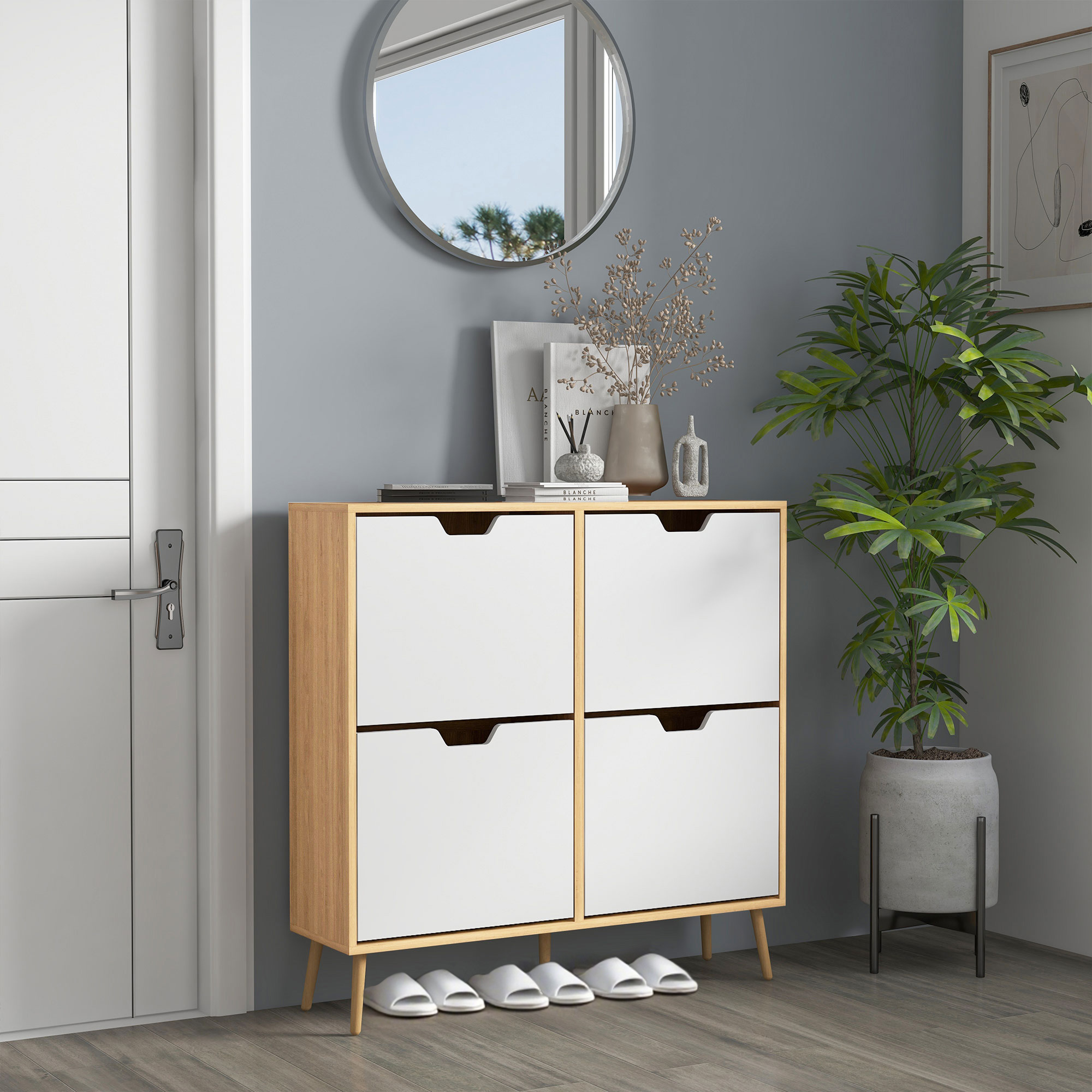Schuhschrank Aus Spanplatte Und Kiefernholz, Mit 4 Schubladen Und Je 2 Verstellbaren Einlegeböden, 95 X 26 X 95 Cm