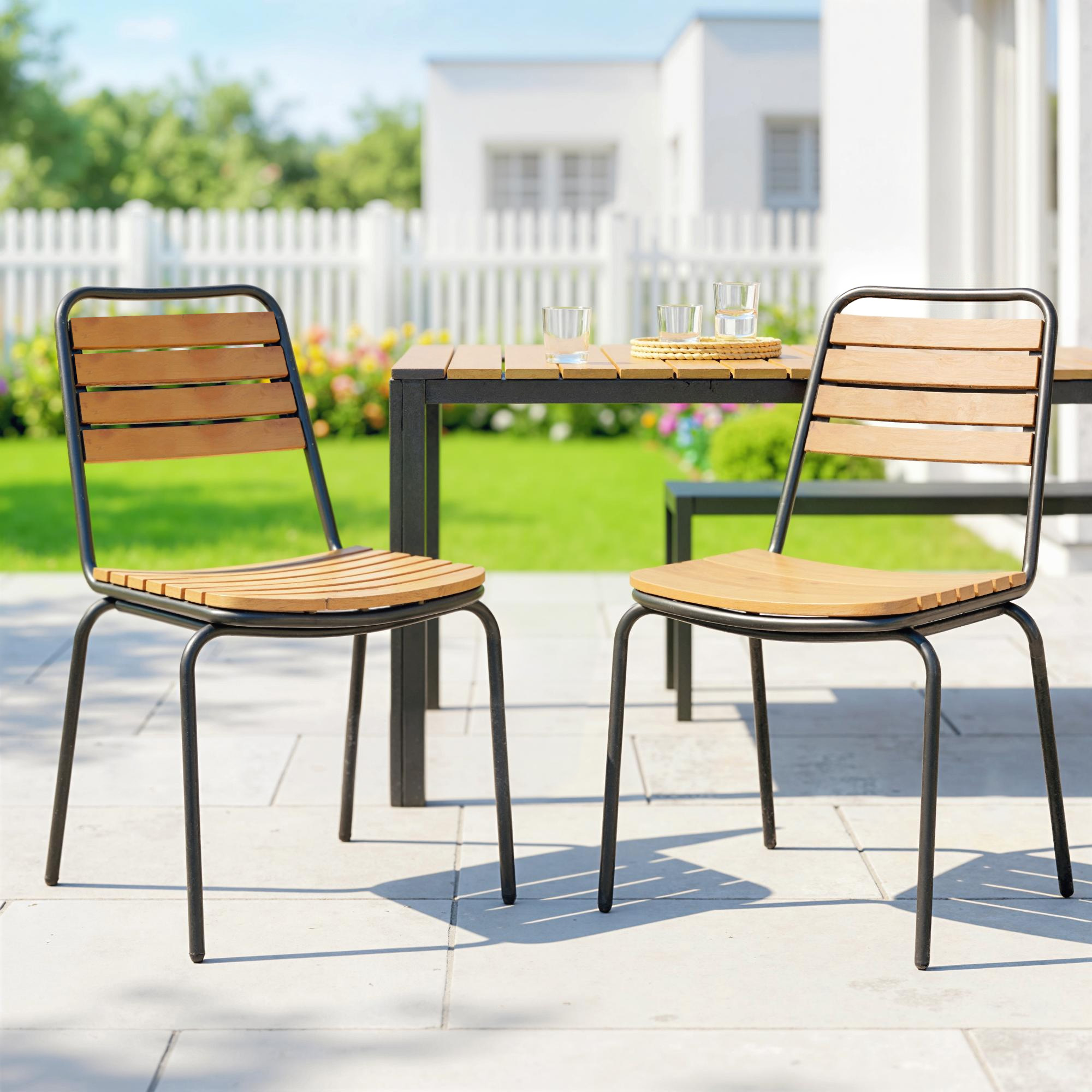 Set Aus 2 Stapelbaren Gartenstühlen, Massivholz Mit Lattenrost, Stahlrahmen, 61 X 47 X 81 Cm, Natur