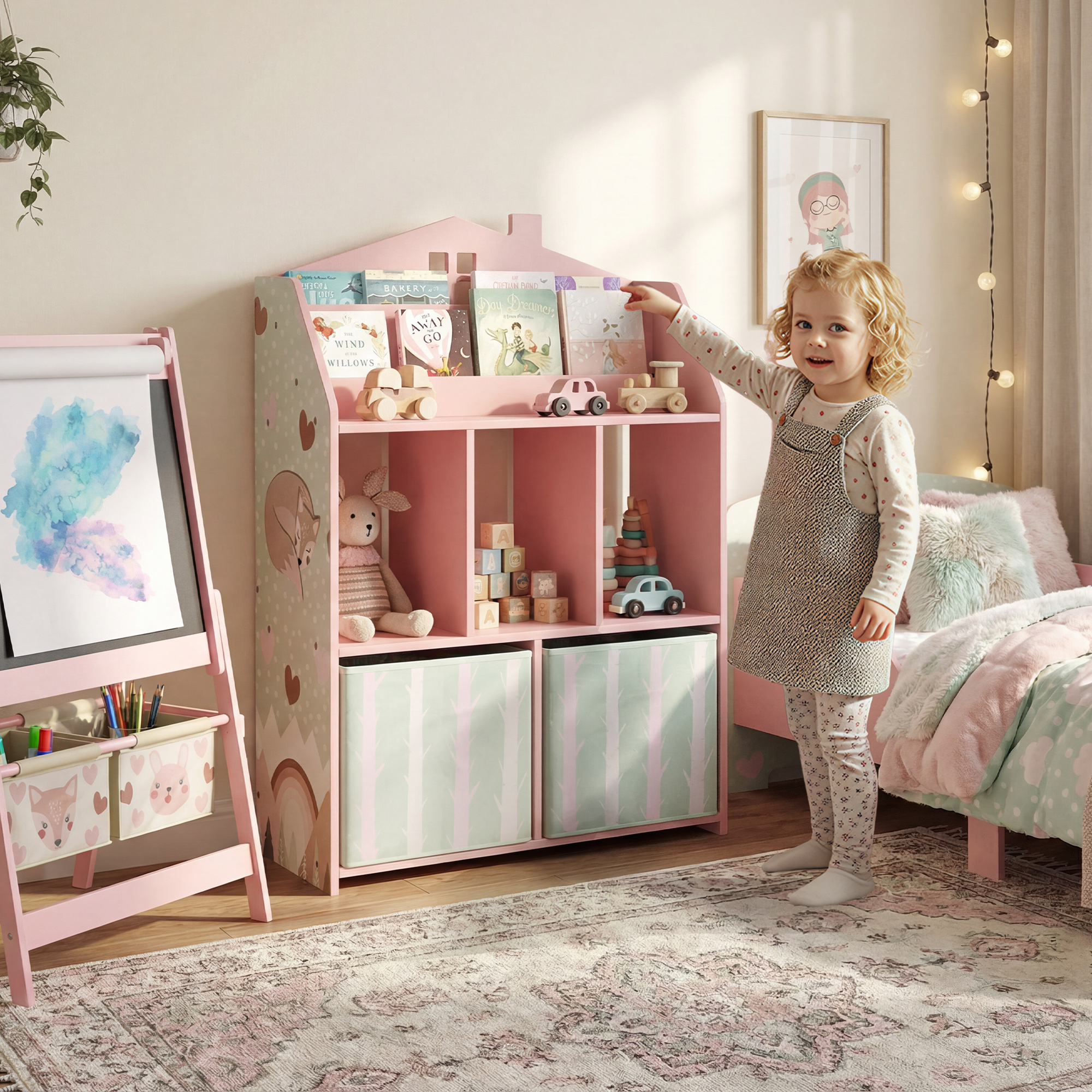 Dreistöckiges Kinderbücherregal Mit Schubladen Und Ablagen, Aus Holz Und Stoff, 62,5 X 30 X 91,5 Cm, Rosa