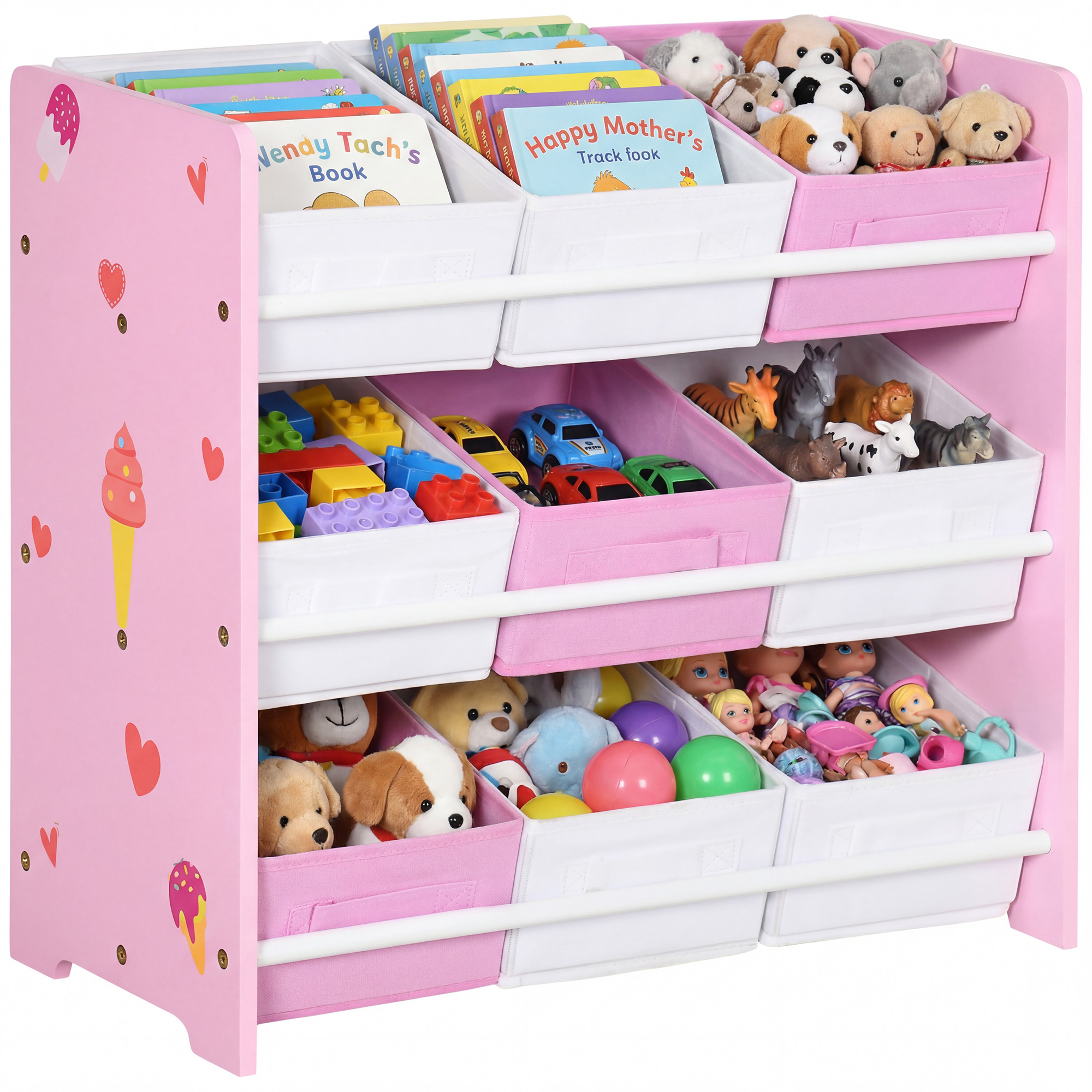 Spielzeugschrank Mit 9 Herausnehmbaren Holz- Und Stoffkörben, 63 X 30 X 60 Cm, Rosa Und Weiß