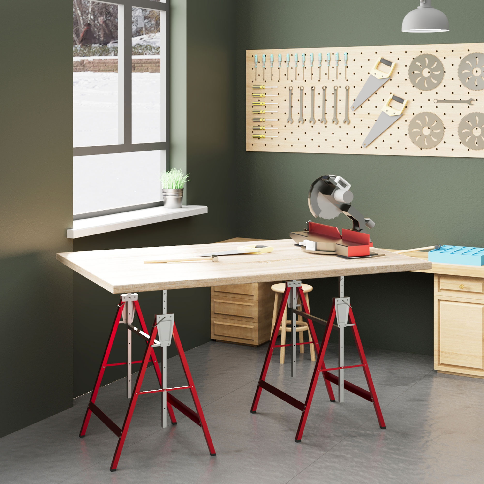 Set Aus 2 Teleskopierbaren Arbeitsständern, 80–130 Cm, Zusammenklappbar, Aus Q195-stahl, 68 X 58 X 80 Cm, Rot Und Silber