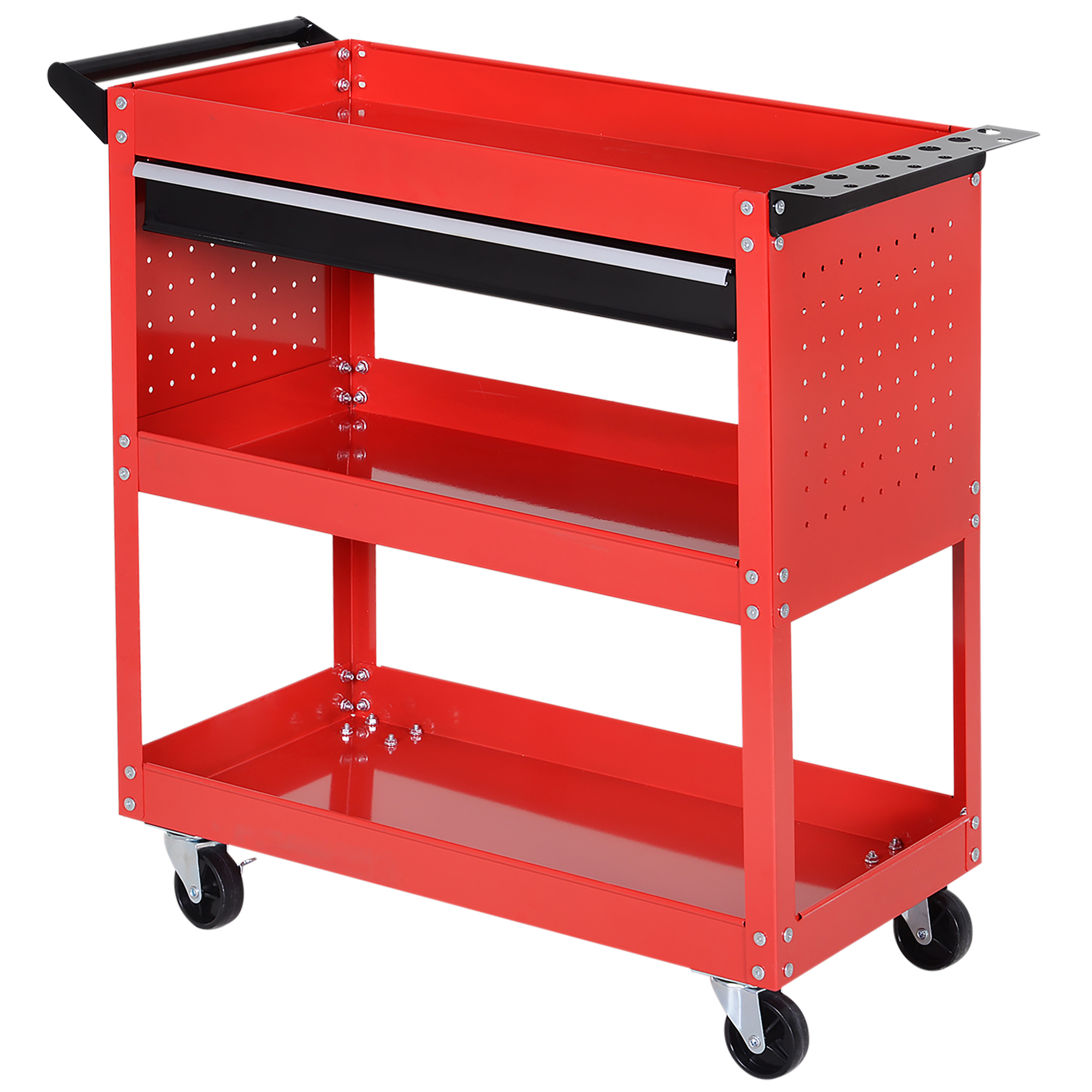 Coffre À Outils Roulant 3 Tiroirs, Chariot D'Atelier Rouge, 4 Roues, 82x35x76 Cm, Rangement Mobile.