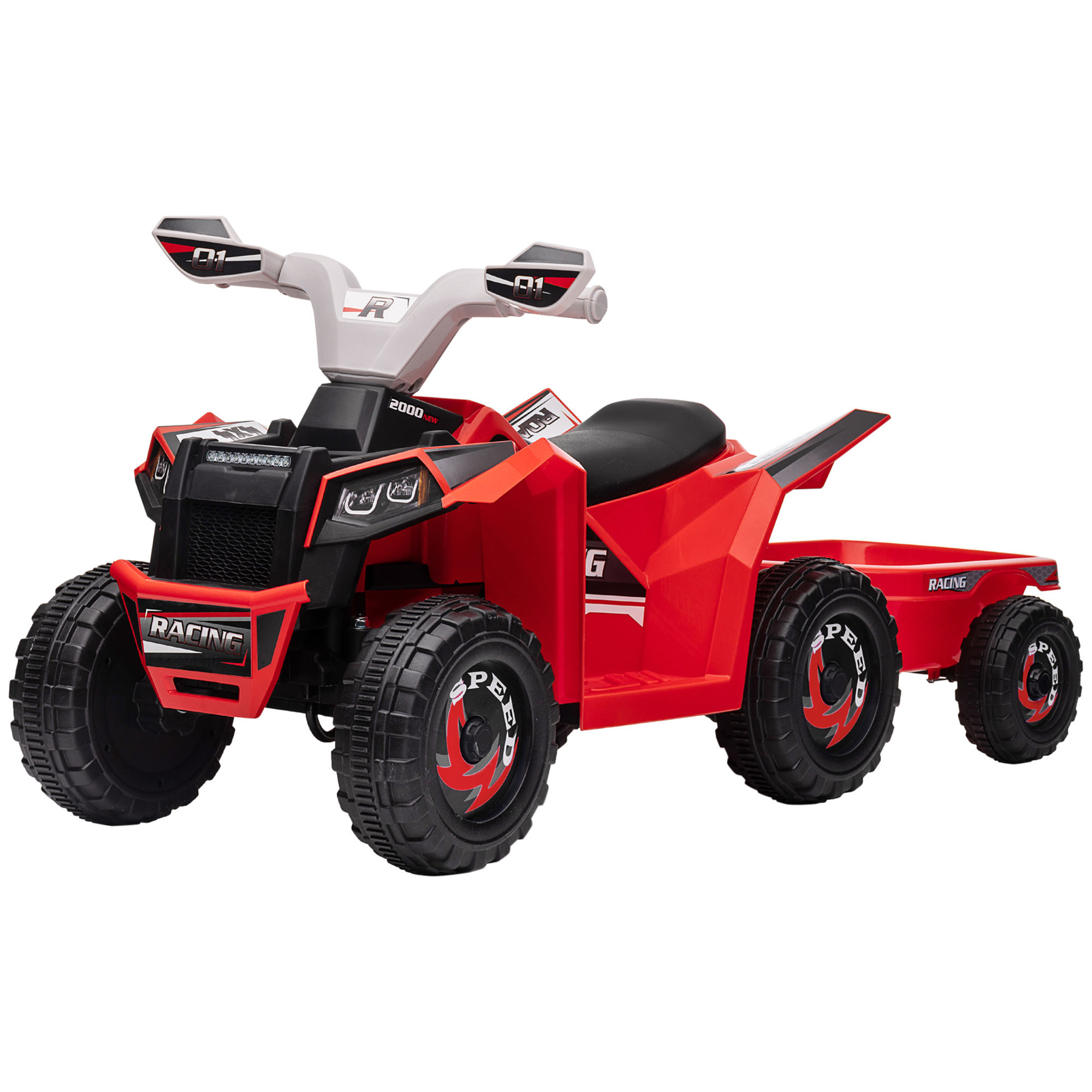 Quad Électrique Enfant Avec Remorque, Vitesse 2,5 Km/h, Autonomie 50 Min, Âge 1,5 À 3 Ans, Charge Max 25 Kg, Rouge
