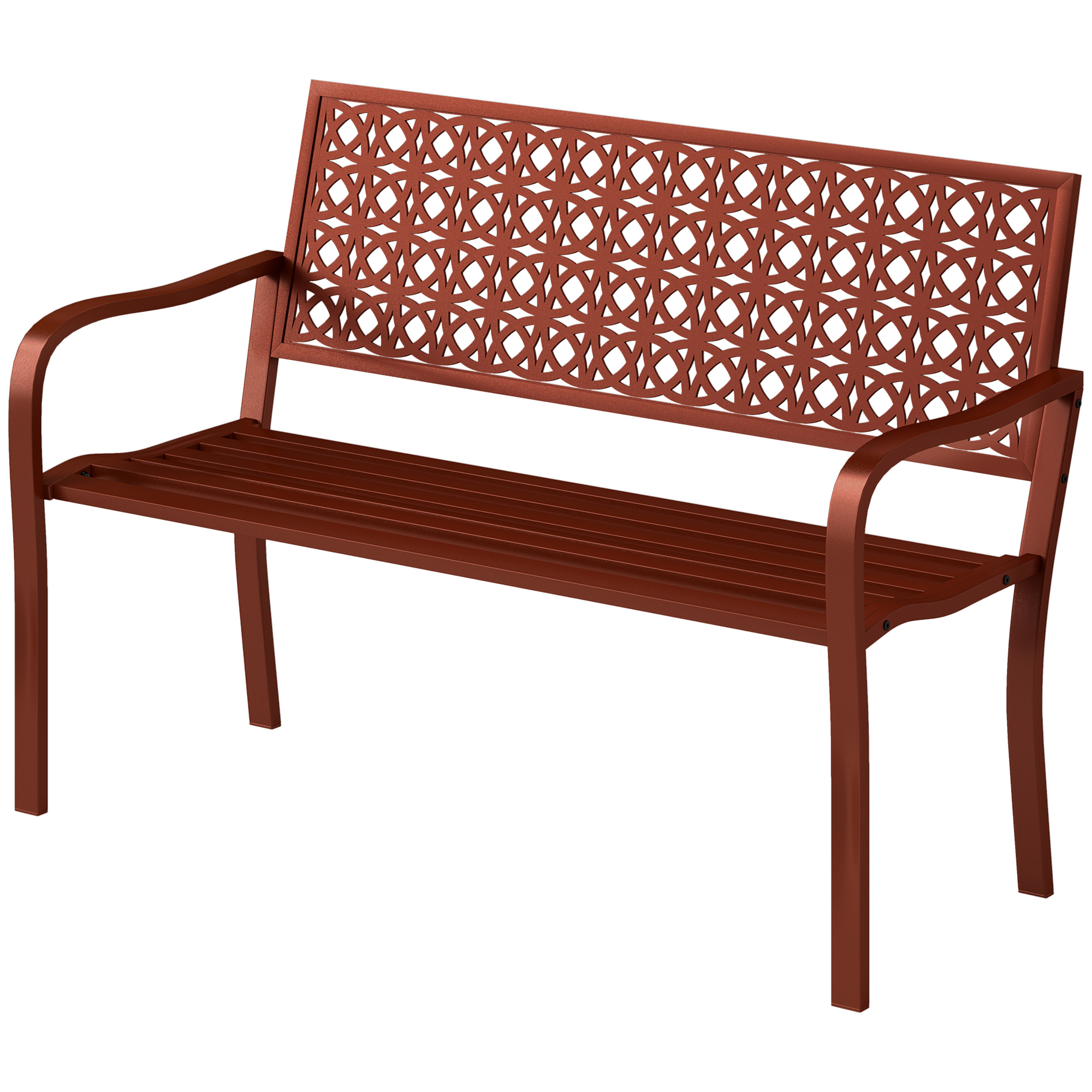 Banc Extérieur En Acier, Dossier Ajouré, Accoudoirs, Pour 2 Personnes, Rouge, Jardin