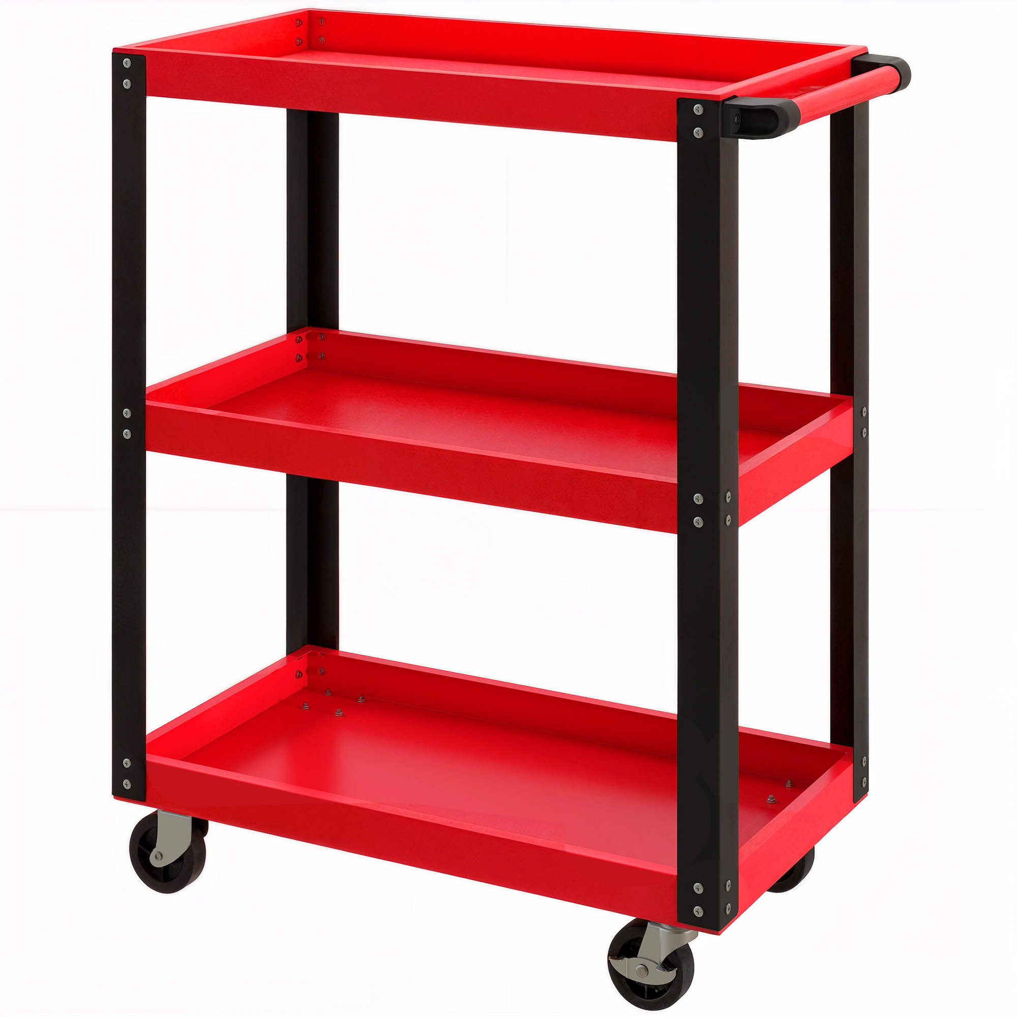 Chariot À Outils 3 Niveaux, Cadre Métallique, Capacité De Charge 120 Kg, Roues, Poignée, Rouge