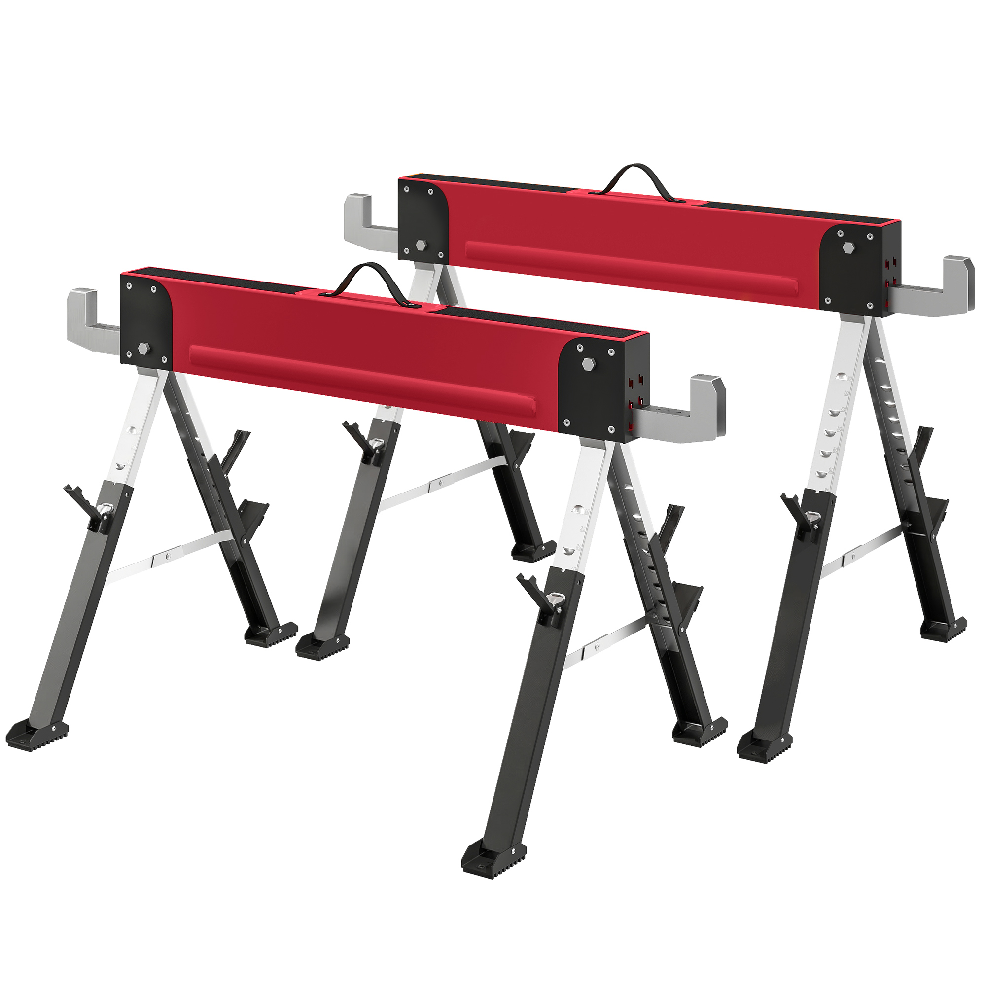 Lot De 2 Tréteaux Pliables Métalliques Rouges, Capacité De Charge Max 1160 Kg, Hauteur Réglable Sur 7 Niveaux (64-81 Cm), Avec Poignée De Transport