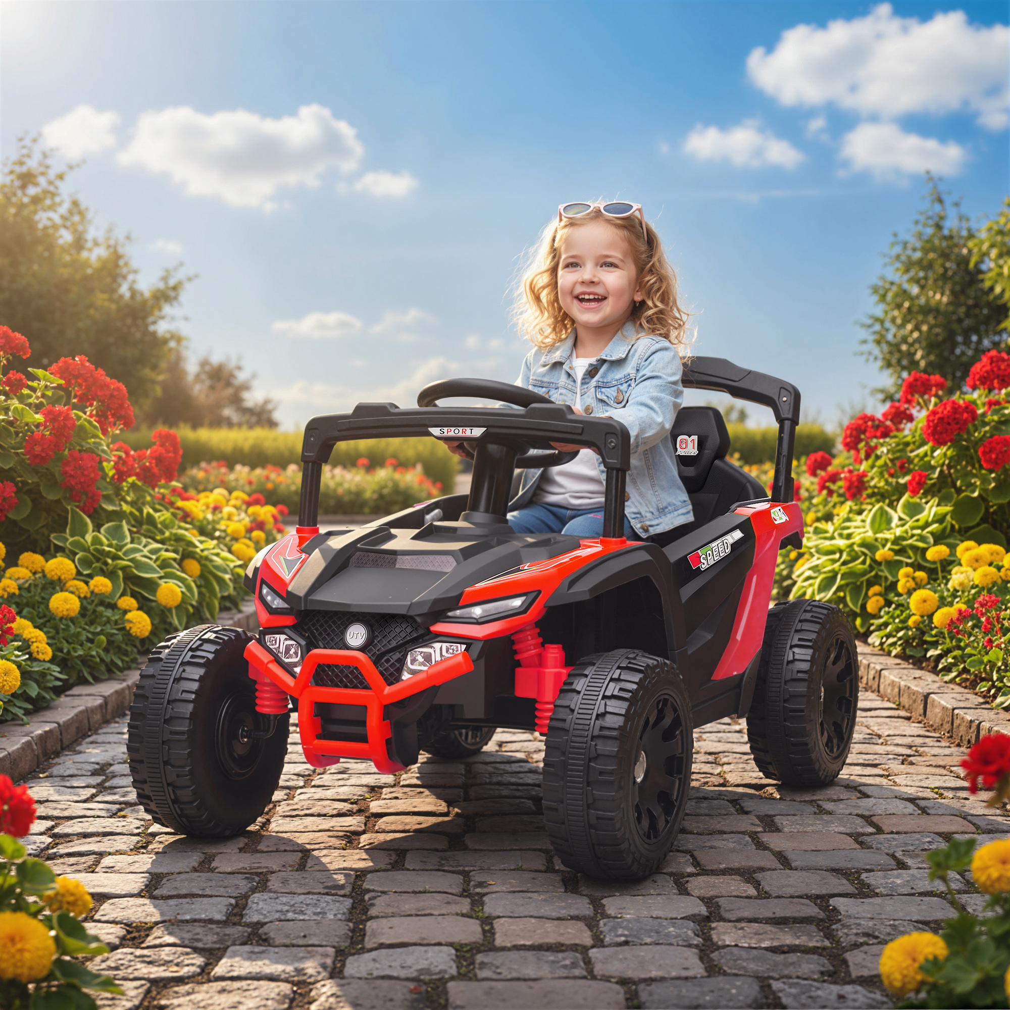 Elektroauto Für Kinder, 12-v-elektrobuggy Mit 2 Motoren, Fernbedienung, Led-beleuchtung, Musik, Hupe, 3–8 Jahre, Rot