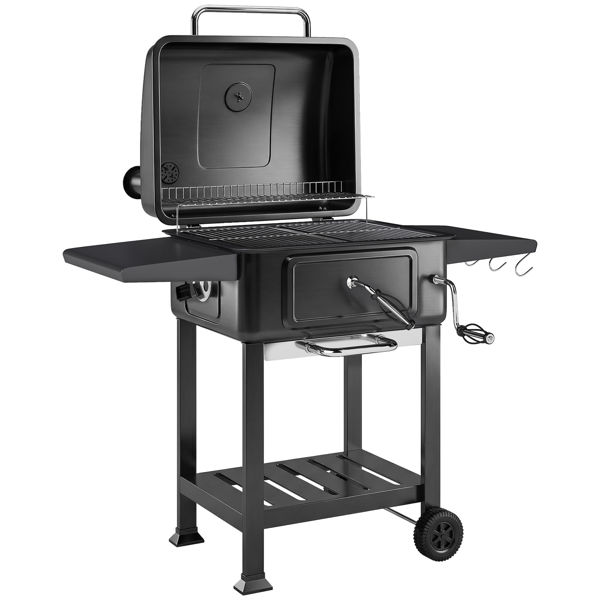 Kolgrill Bbq Fumoir Avec Couvercle, Thermomètre, Grille De Cuisson Réglable En Hauteur, Cheminée, Tablettes Latérales, Tiroir À Cendres