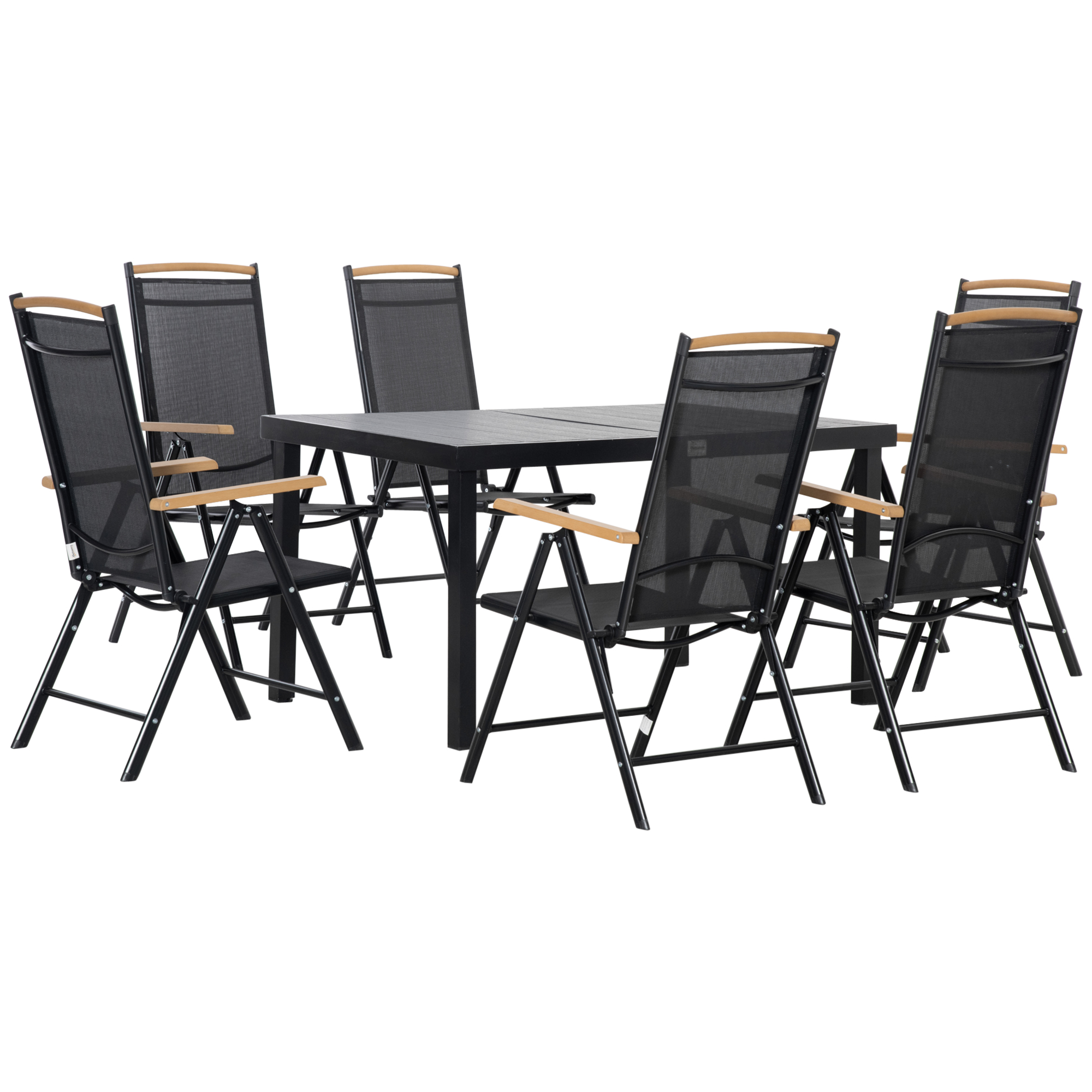 Table Pliante Pour 6 Personnes, 1 Table + 6 Chaises, Ensemble Jardin En Maille D'Aluminium Noir, Mobilier Extérieur Escamotable
