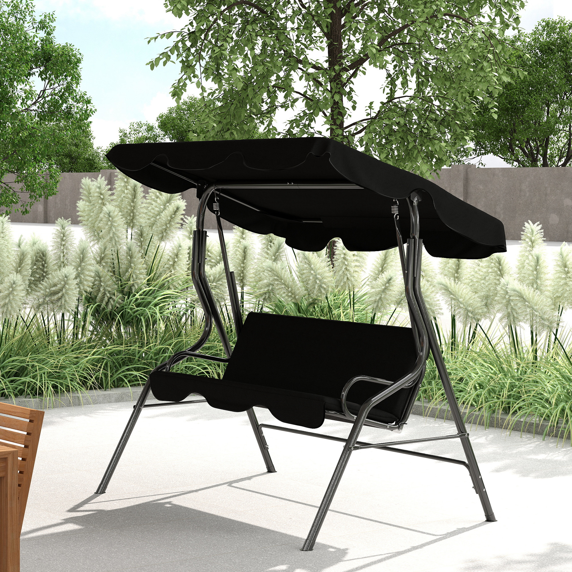 Dreisitzer-schaukel Mit Verstellbarem Sonnenschutz Und Kissen, Aus Stahl Und Polyester, 170 X 110 X 153 Cm, Schwarz