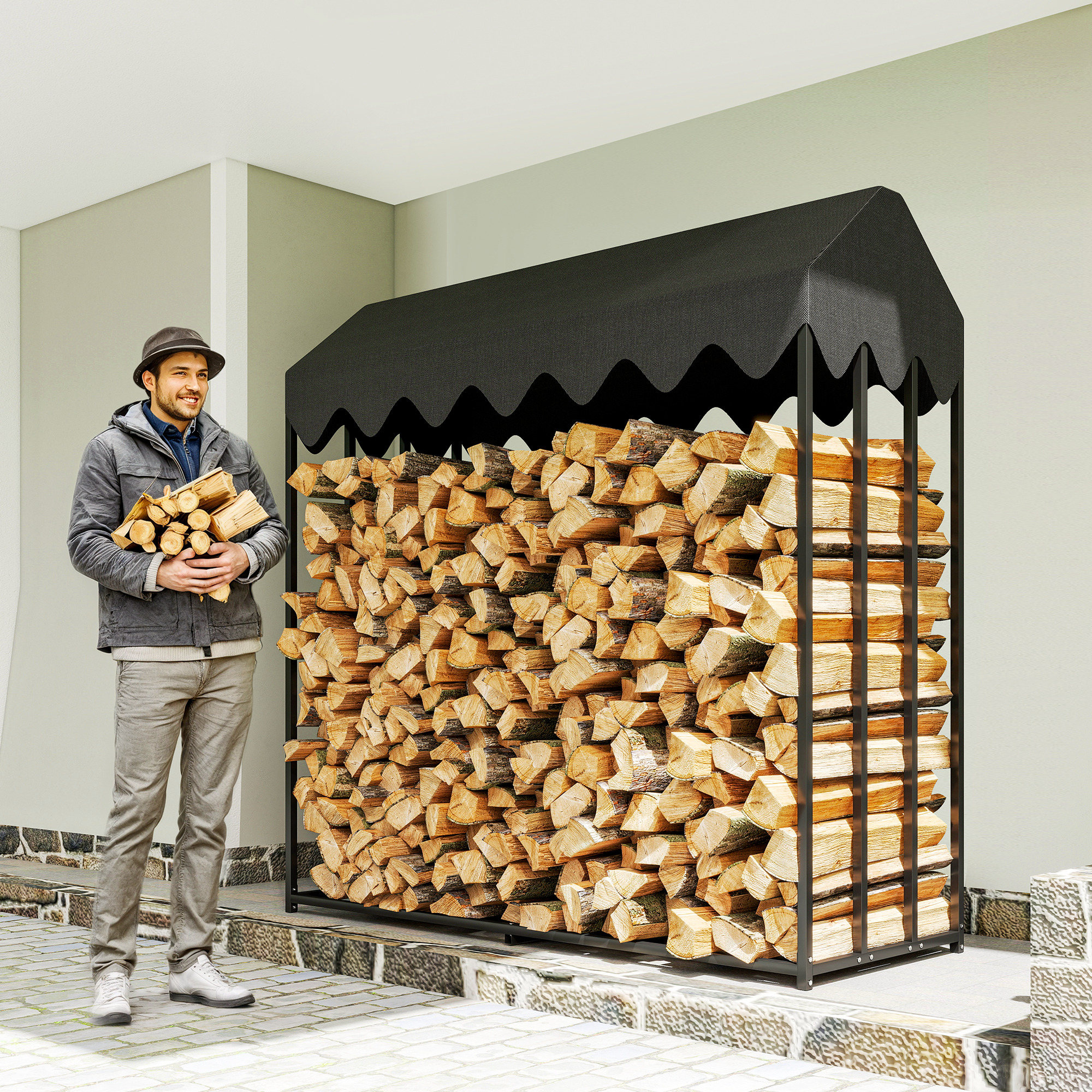 Brennholzregal Für Den Außenbereich, Brennholzregal Mit Schutzhülle, 600d Oxford-gewebe, 1,9 M³ Fassungsvermögen, Stahl, 186 X 70 X 185 Cm, Schwarz