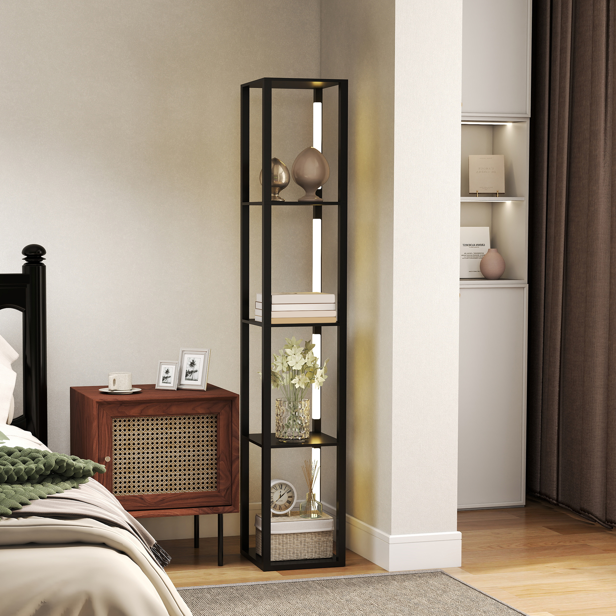 Stehlampe Mit 4 Ablagen, 3 Helligkeitsstufen Und Fußschalter, 29 X 29 X 163 Cm, Schwarz