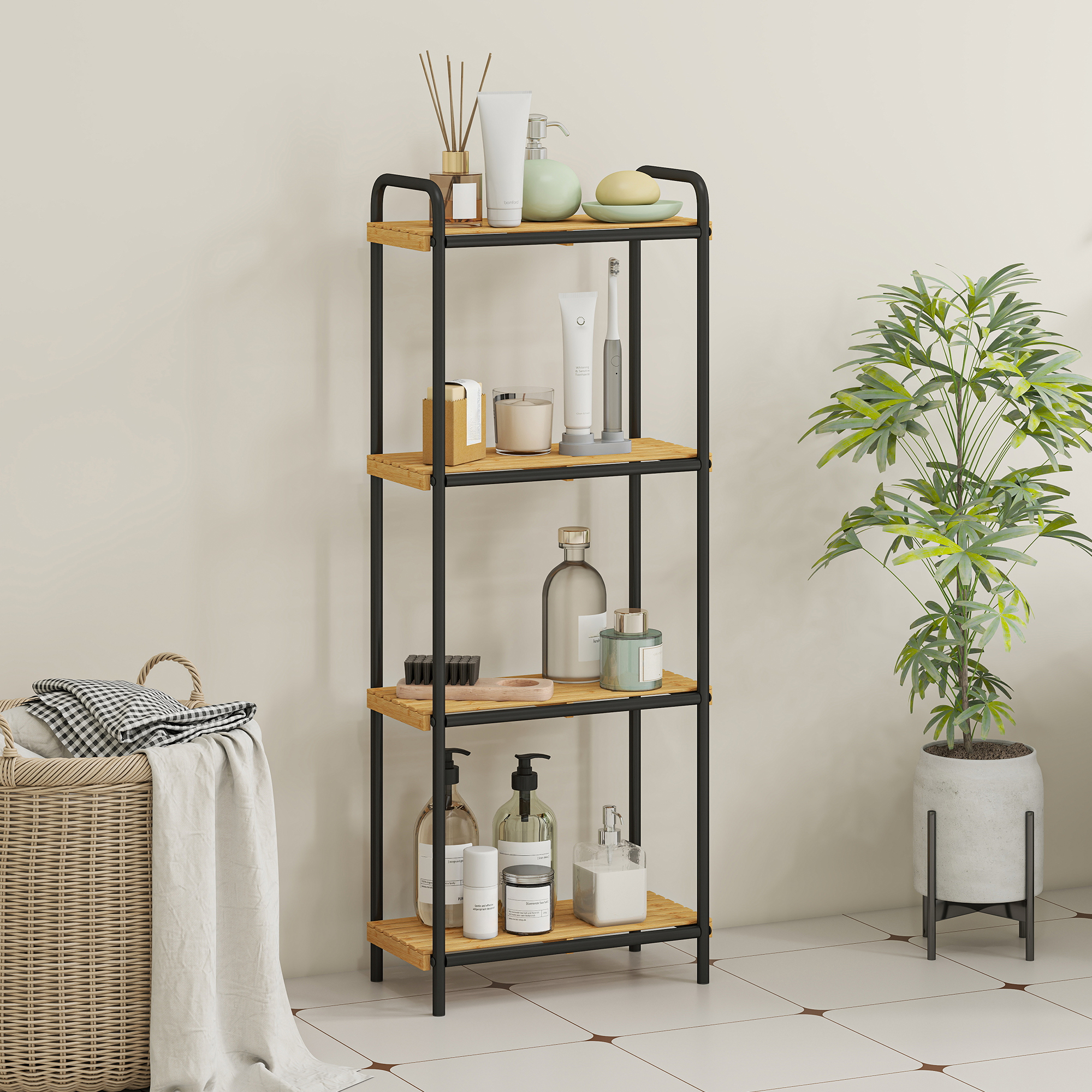 Schmale, Freistehende Ablage Fürs Badezimmer Mit 4 Ablagen, Bambus, 1,5 X 21,5 X 106 Cm, Holzoptik