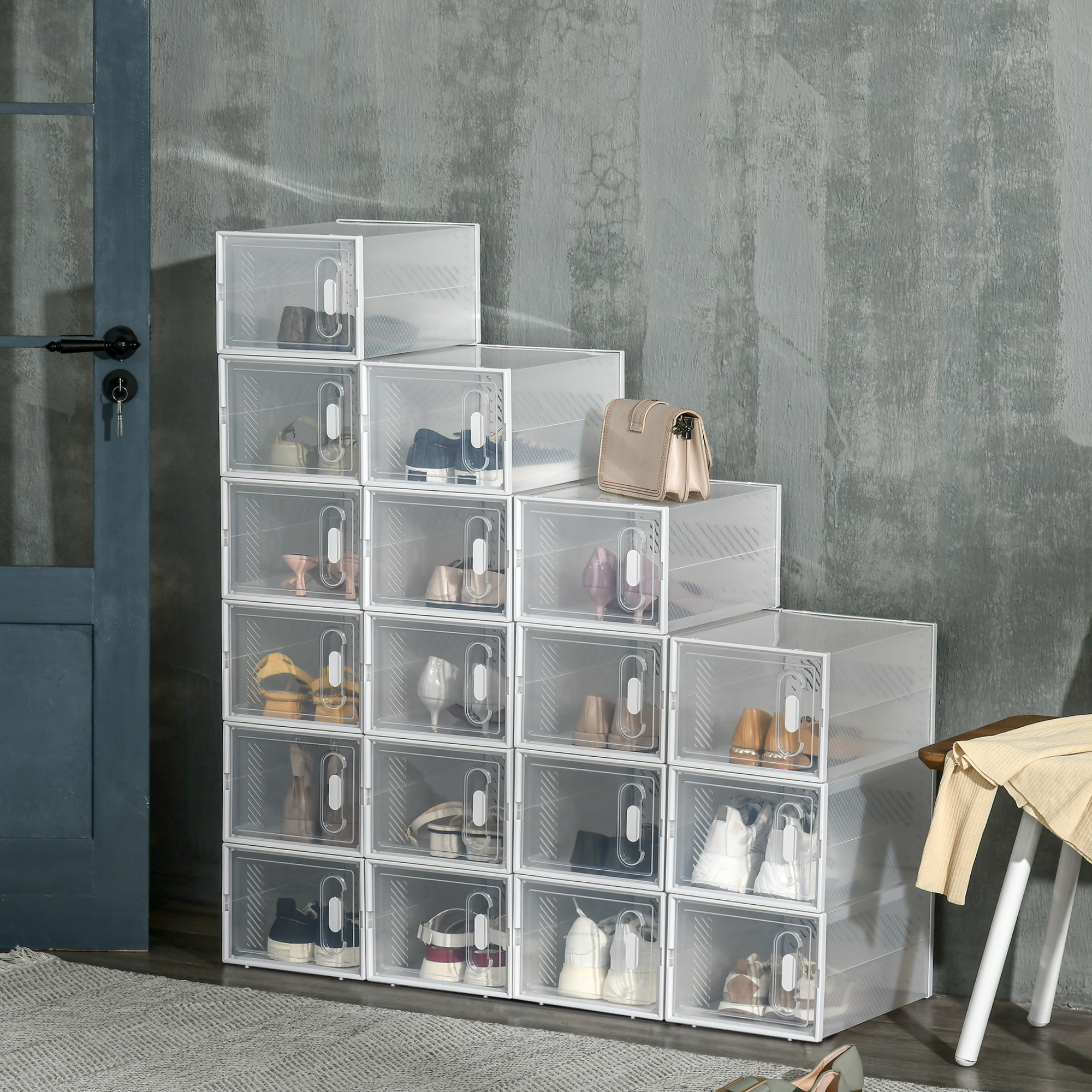 Rechteckiges Schuhregal Aus Pp-kunststoff, 18 Fächer (25 X 35 X 19 Cm) Für Schuhe Bis Größe 43 (eu), Kleidung Und Bücher