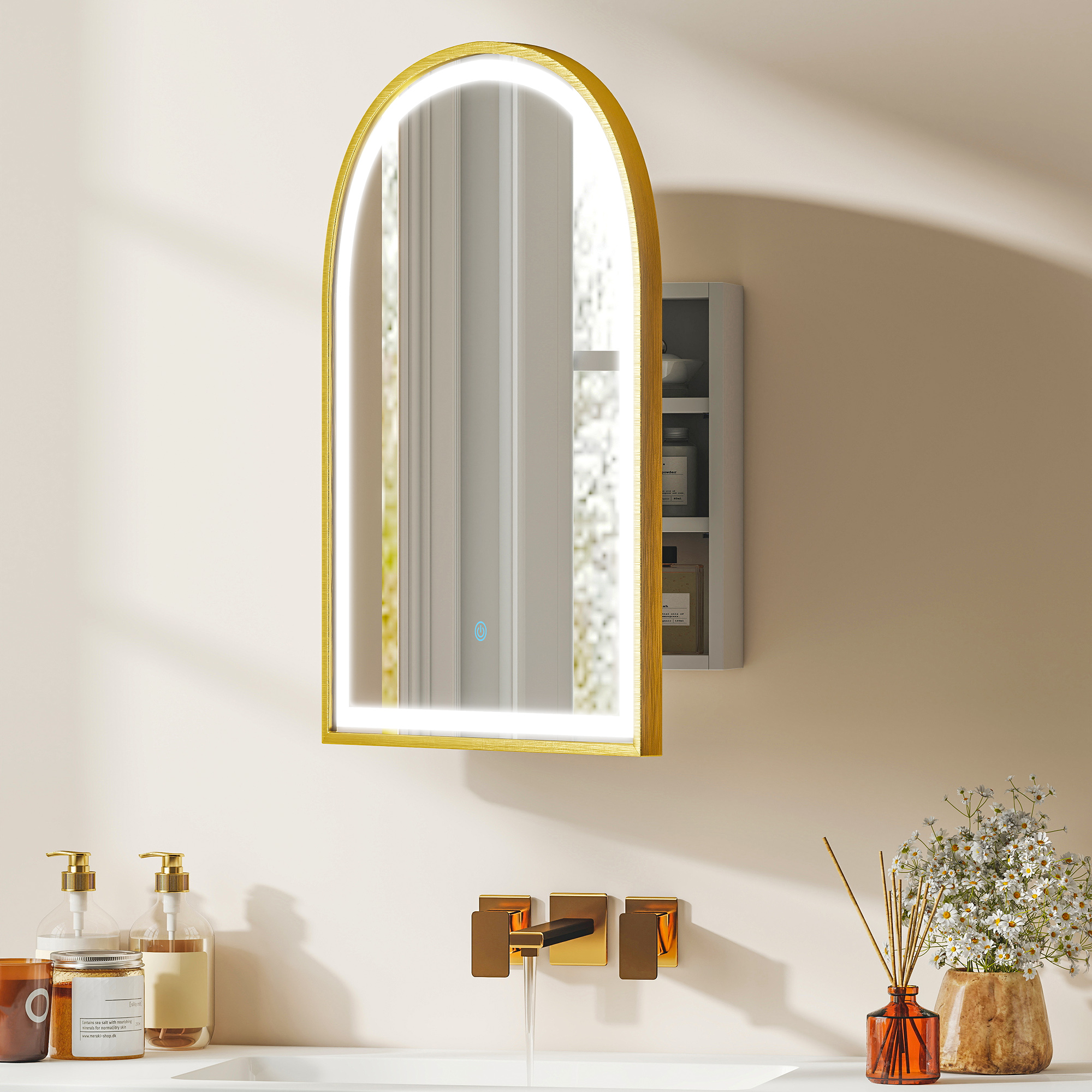 Badezimmerschrank Mit Spiegel Und Led-beleuchtung, Bogentür, Beschlagfrei, 50 X 14,5 X 70 Cm, Gold