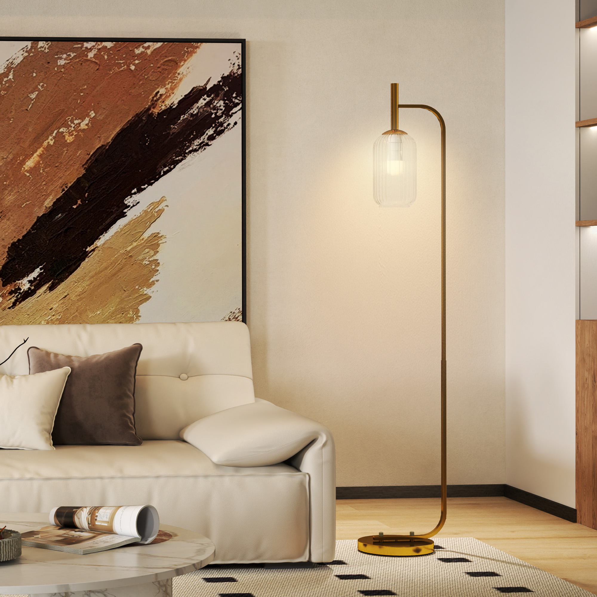 Stehlampe Für Das Wohnzimmer Mit Strukturiertem Glasschirm, Fußpedal, 29 X 25 X 152 Cm, Goldfarbenes Metall