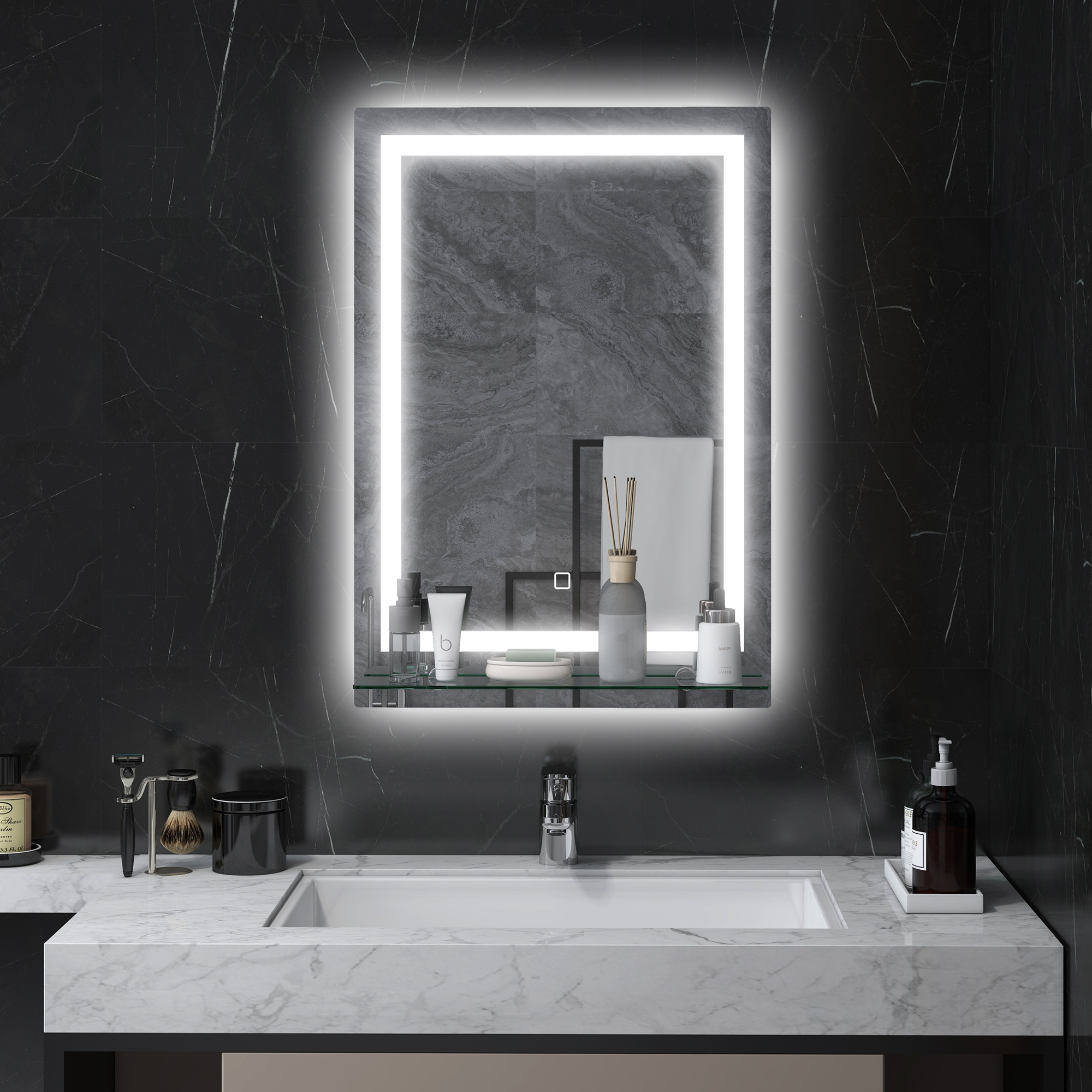 Led-wand-badezimmerspiegel Mit Integrierter Ablage, 3 Farben, Einstellbarer Helligkeit Und Touch-schalter.
