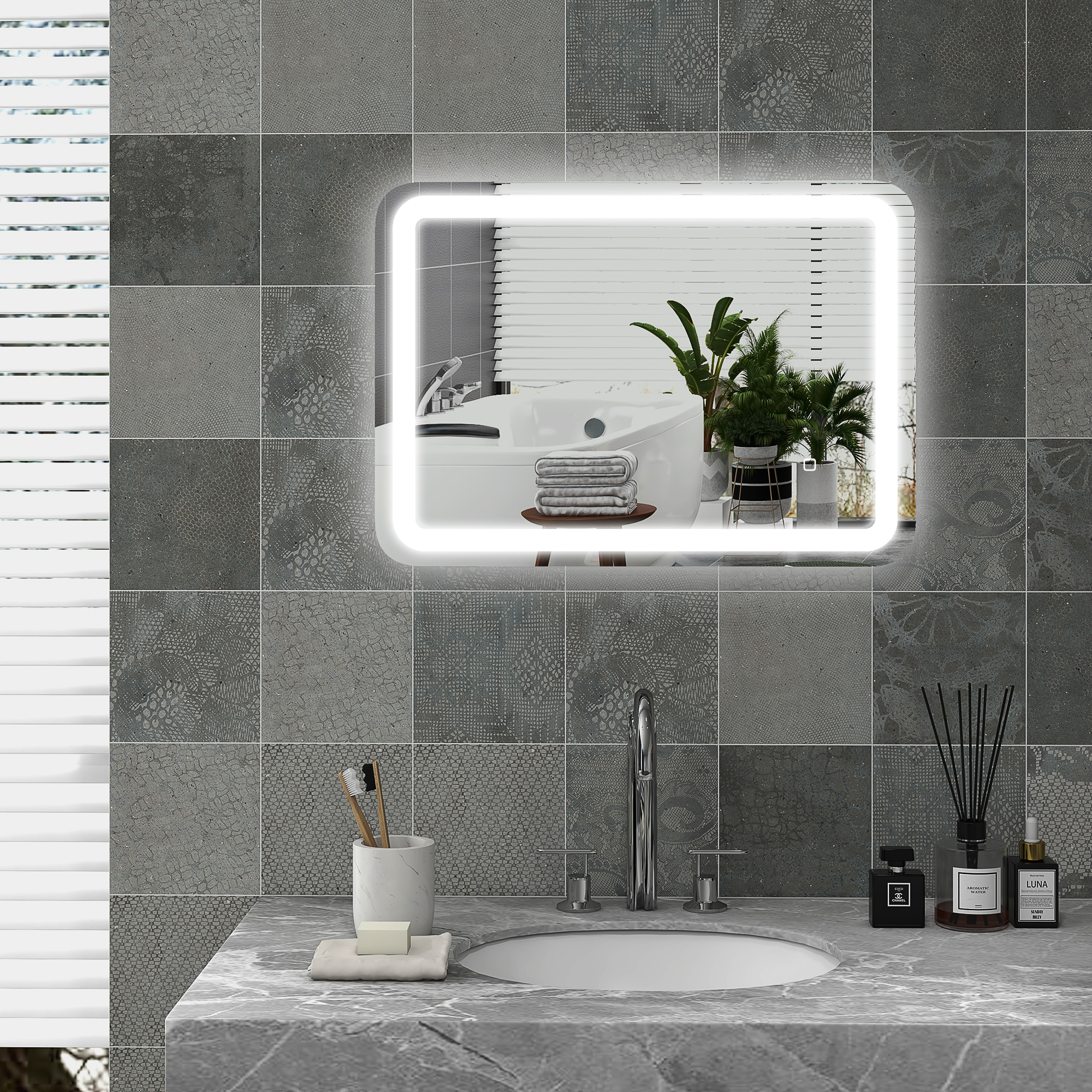 Badezimmerspiegel Mit Touch-schalter, Dreifarbiger Led-beleuchtung Und Antibeschlagfunktion, 70 X 50 Cm