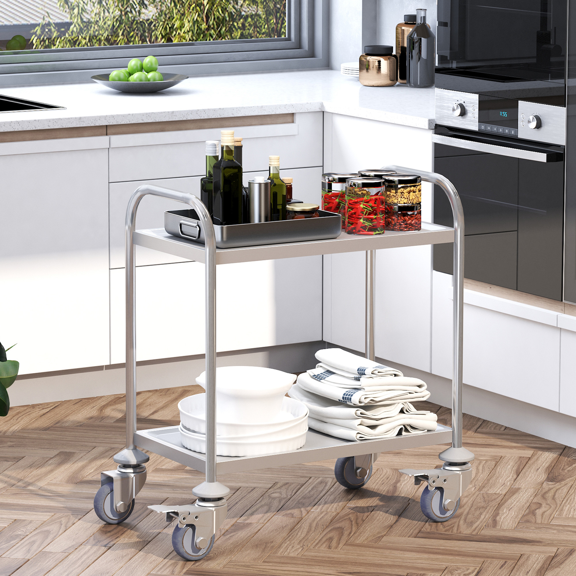Zweistöckiger Küchenwagen, Rollwagen, Servierwagen Aus Edelstahl, 80 X 45 X 82 Cm, Silber