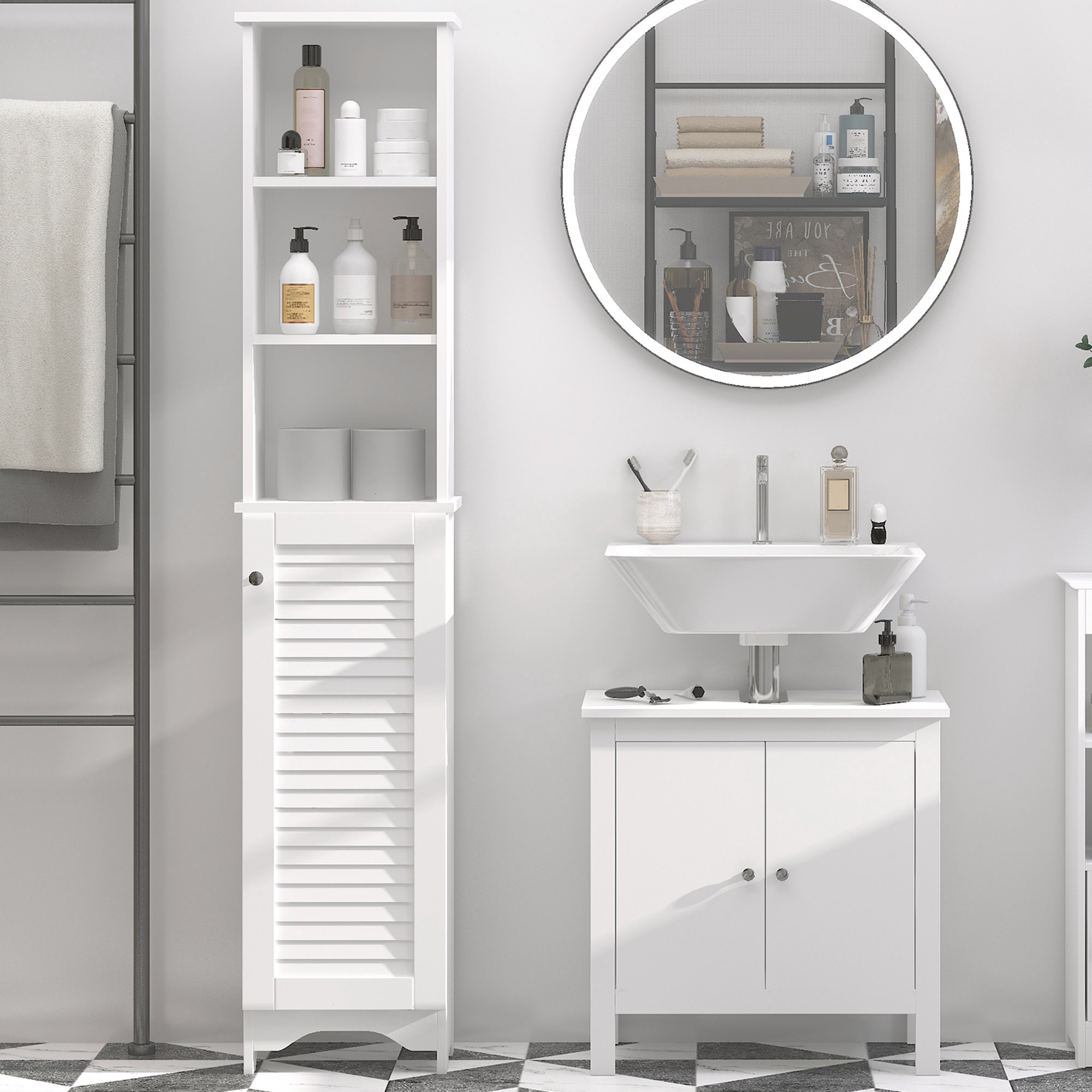 Badezimmerschrank Mit 3 Nischen, Lamellentür, 3 Einlegeböden, Mdf-platte, Weiß
