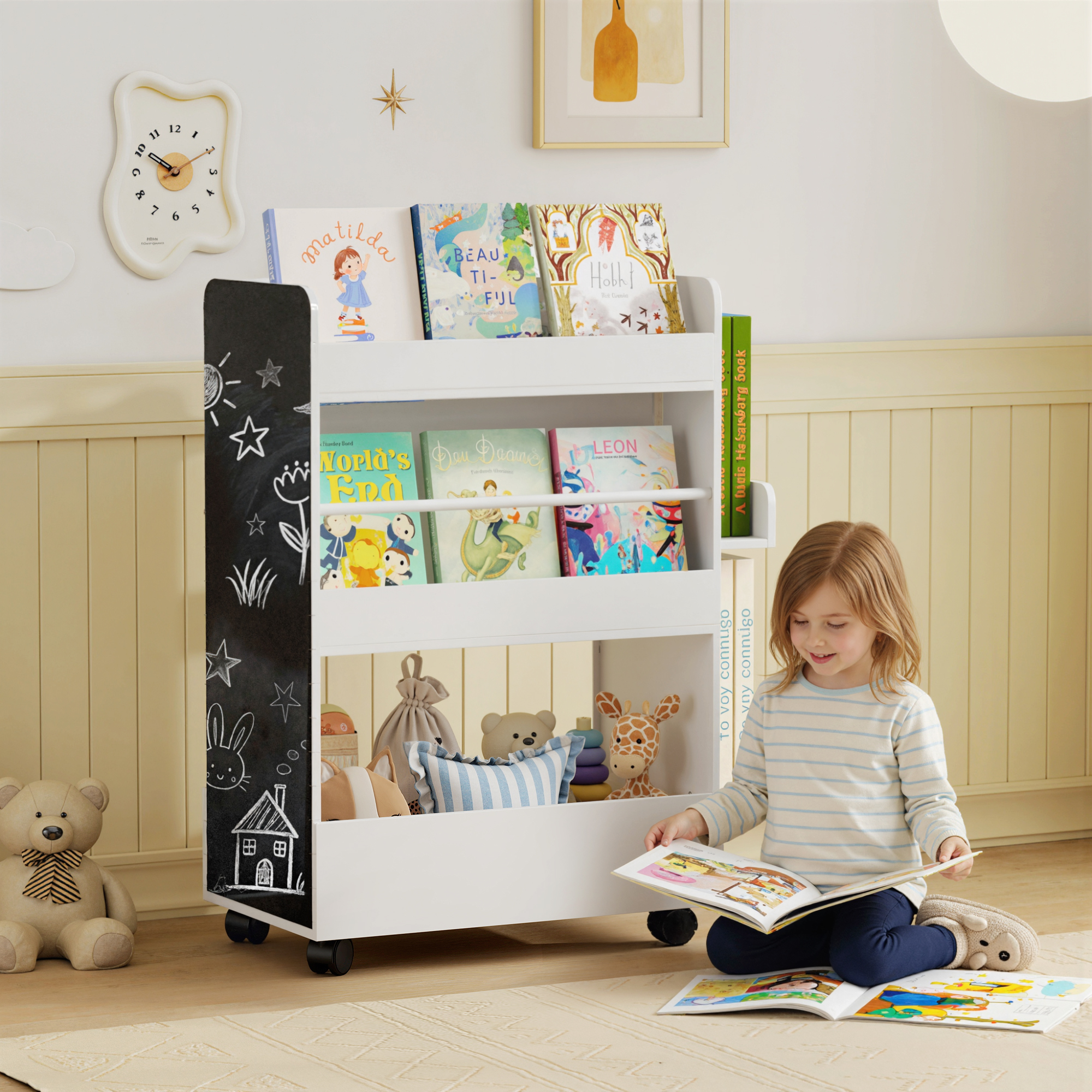 Kinderregal Für Kinder Von 3 Bis 8 Jahren, Doppelseitiges Spielzeugregal Mit Rollen Und Tafel, Weiß
