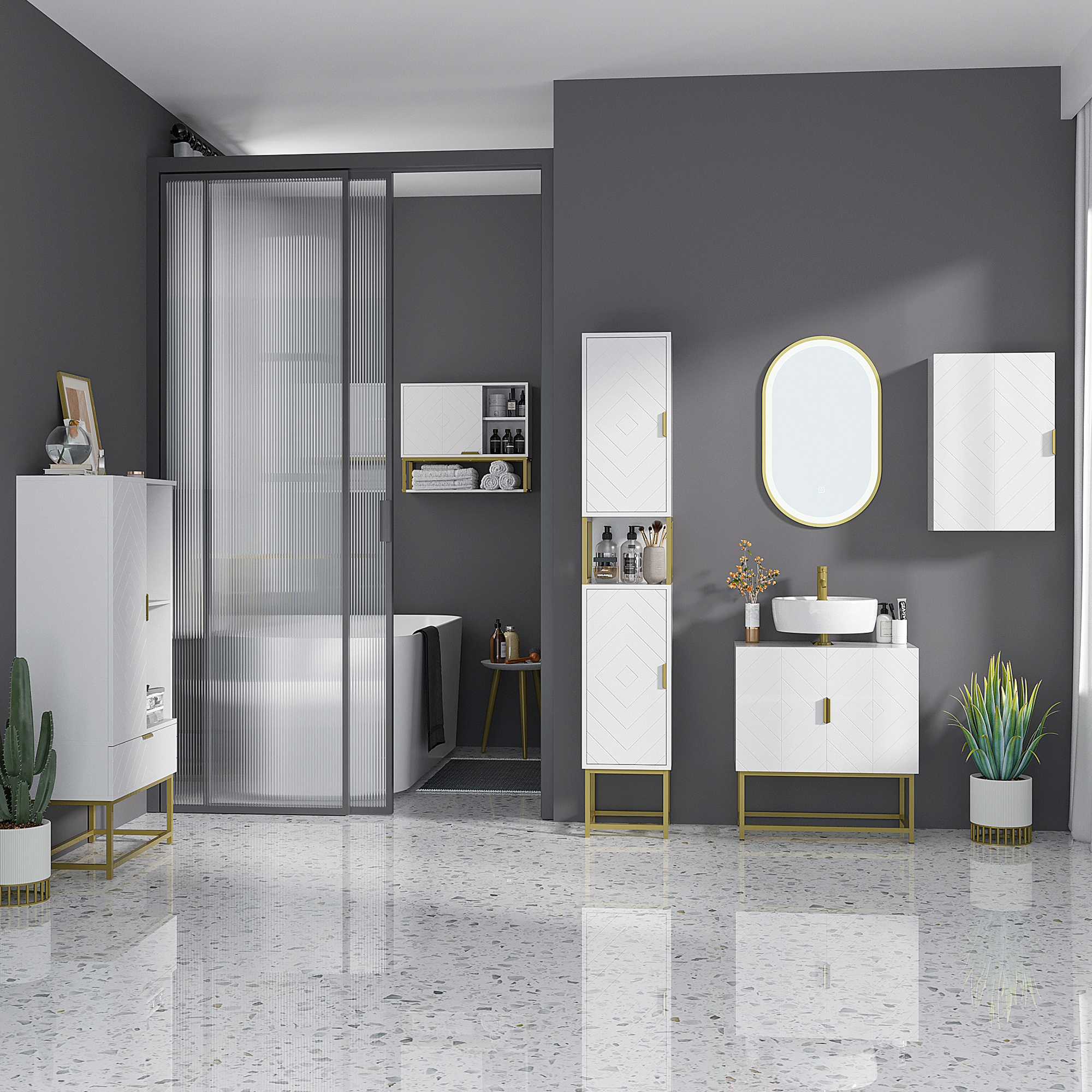 Badezimmerschrank Mit Doppeltür Und Goldfarbenen Stahlbeinen, 60 X 30 X 65 Cm, Weiß