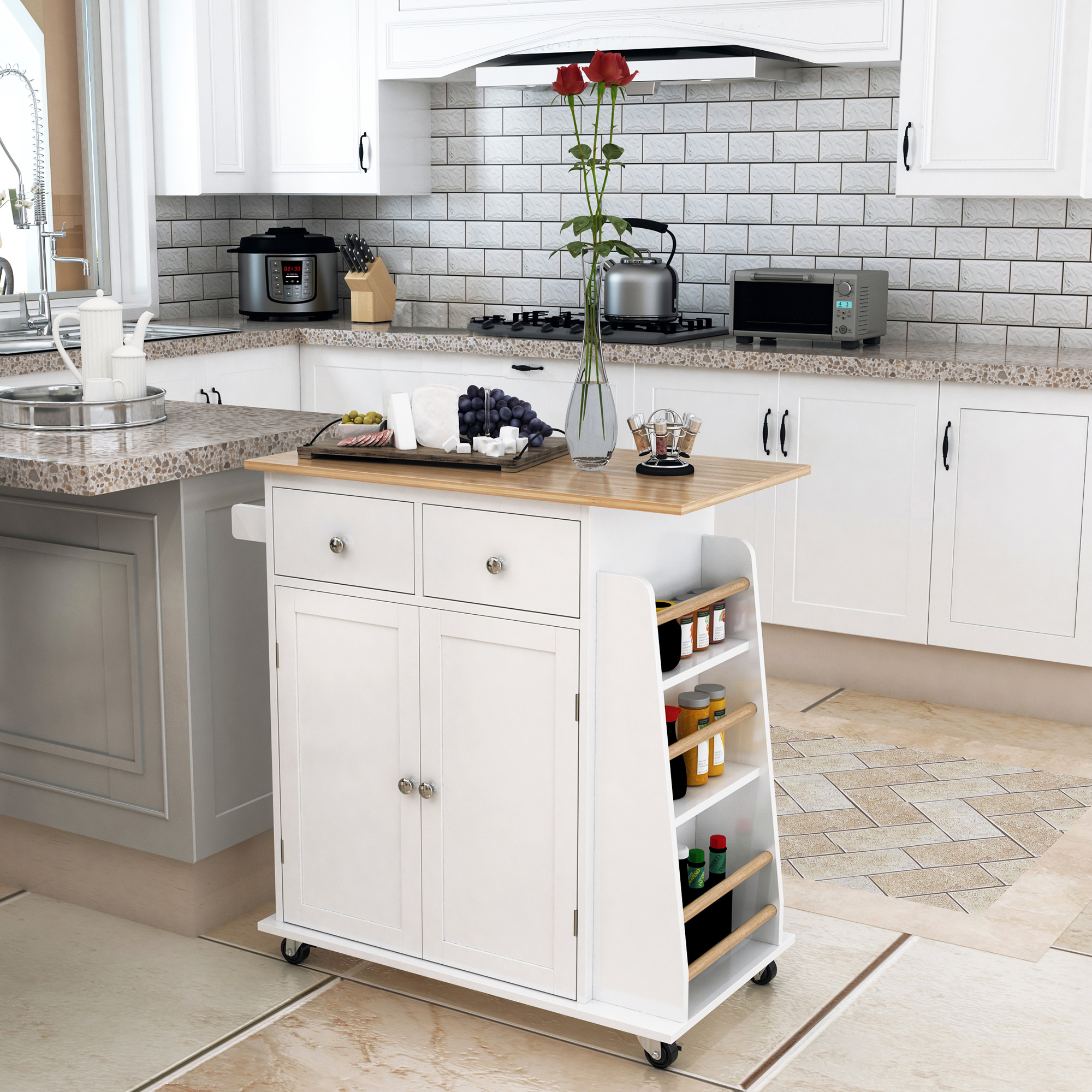 Kücheninsel Mit Arbeitsplatte, Regalen, Flaschenhalter, Handtuchhalter, 2 Schubladen, Schrank Mit 2 Türen, Weißes Gummibaumholz-mdf