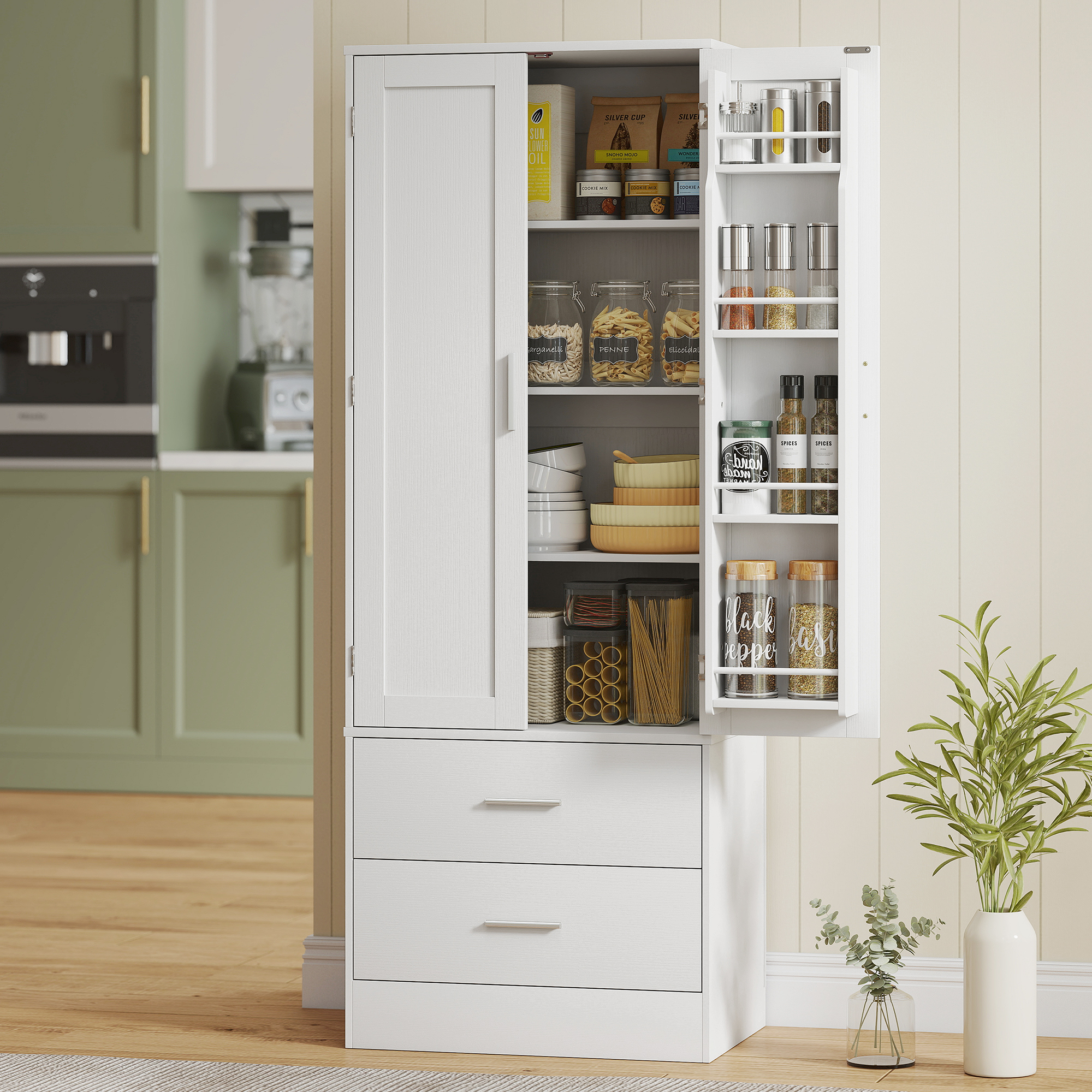 Hohes Küchen-sideboard, Küchenschrank, 2 Türen, 8 Gewürzablagen, 2 Schubladen, Verstellbare Einlegeböden, 60 X 40 X 159 Cm, Weiß