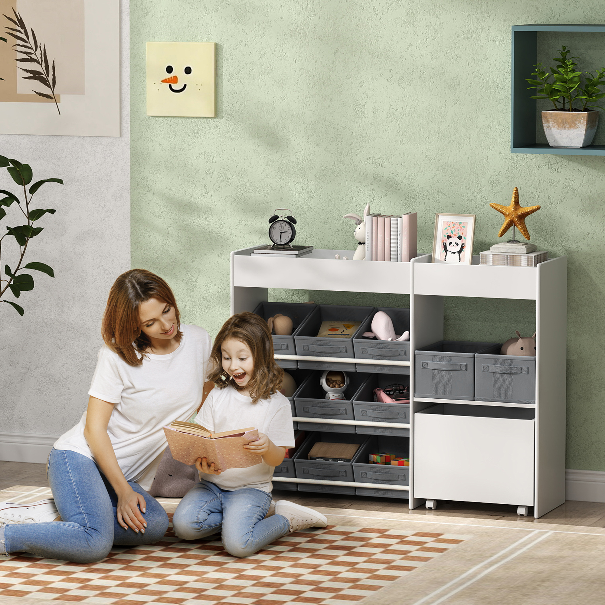 Kinder-spielzeugregal/bücherregal Mit 11 Schubladen Aus Vliesstoff, 105 X 30 X 80 Cm, Weiß