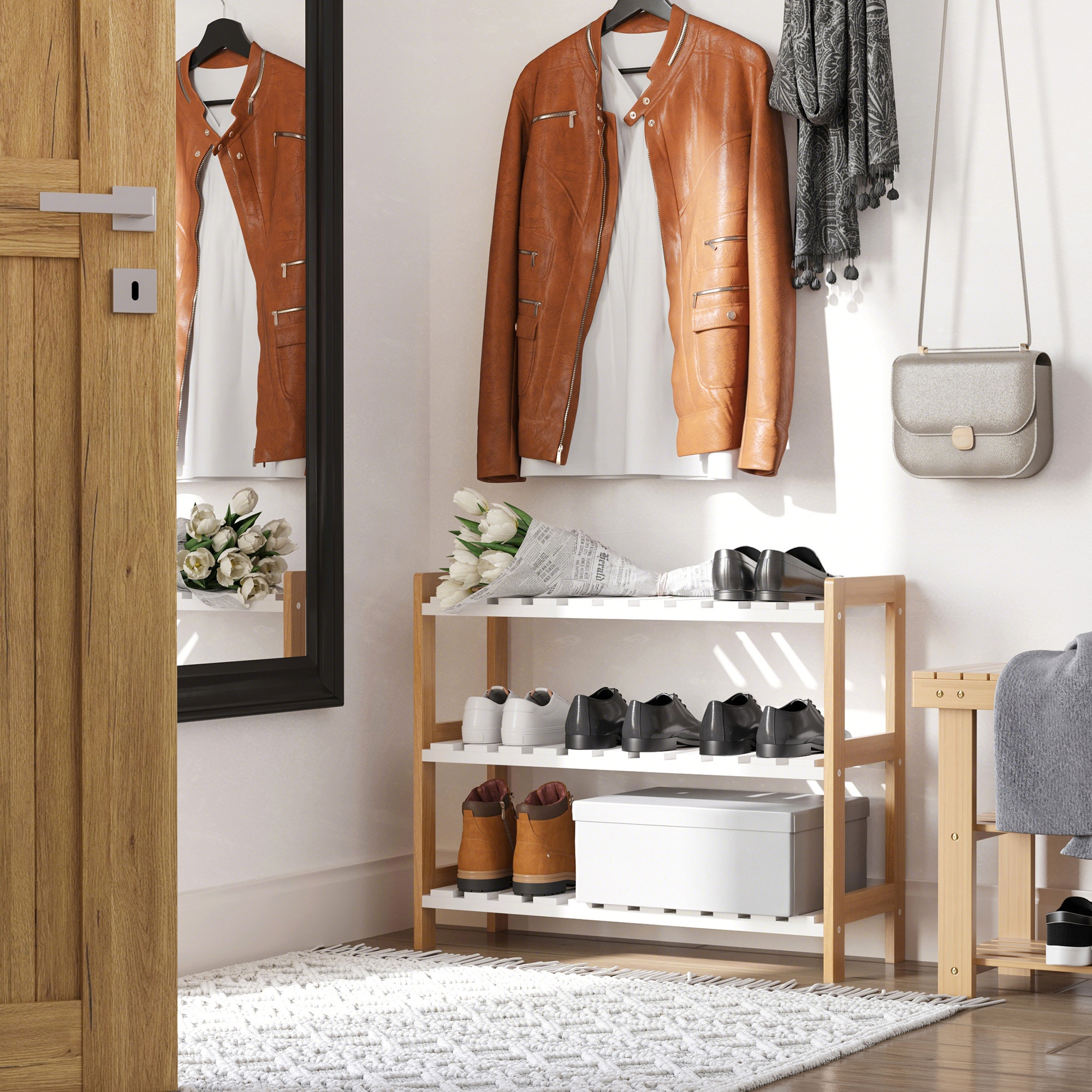 Dreistöckiges Schuhregal Aus Kiefernholz Mit Drei Ablagen, Für Wohnzimmer Und Flur, 70 X 26 X 57,5 Cm, Weiß Mit Naturholzoptik
