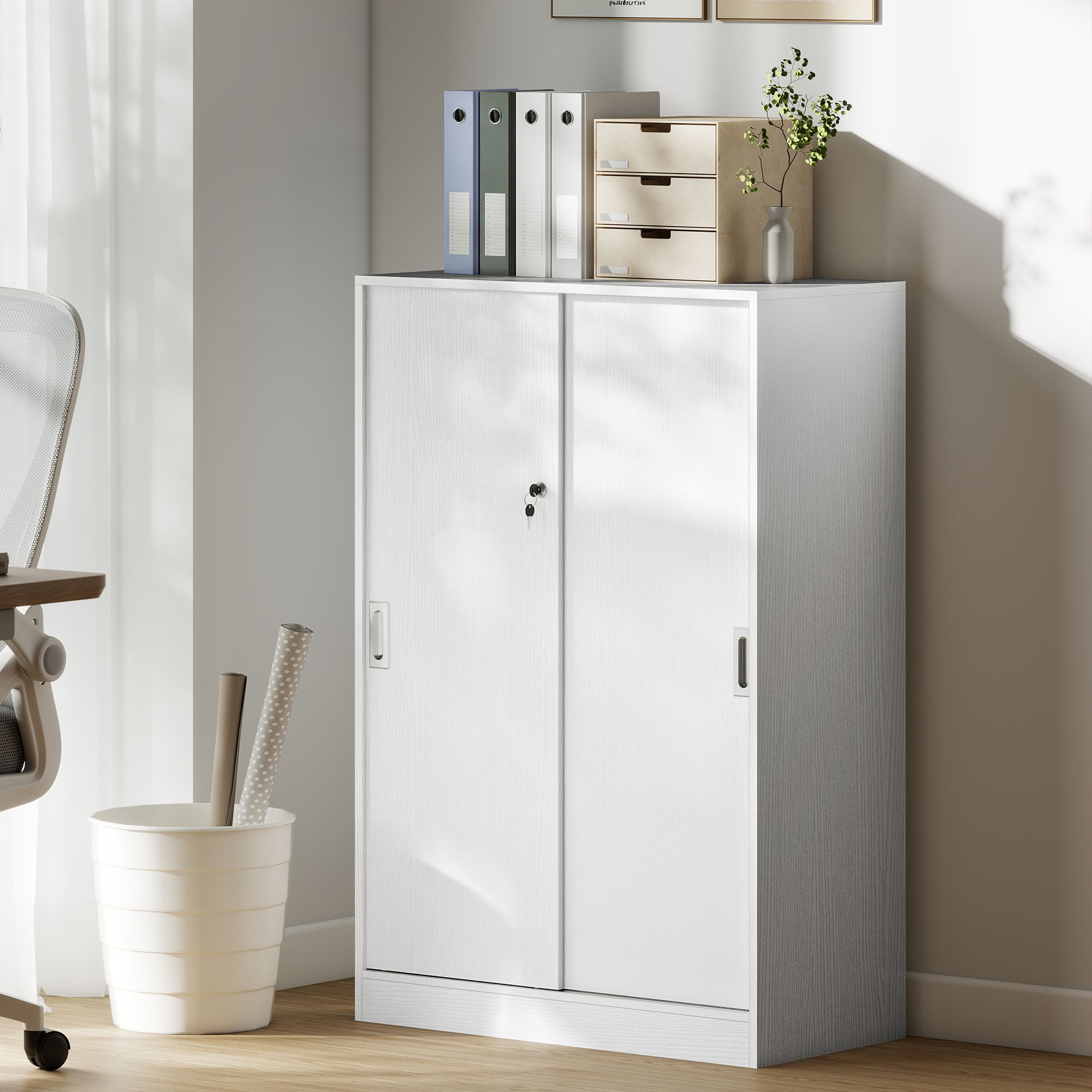 Dreistöckiger Büroschrank Mit Zwei Sicherheitsschlössern, Spanplatte, 80 X 40 X 120 Cm, Weiß