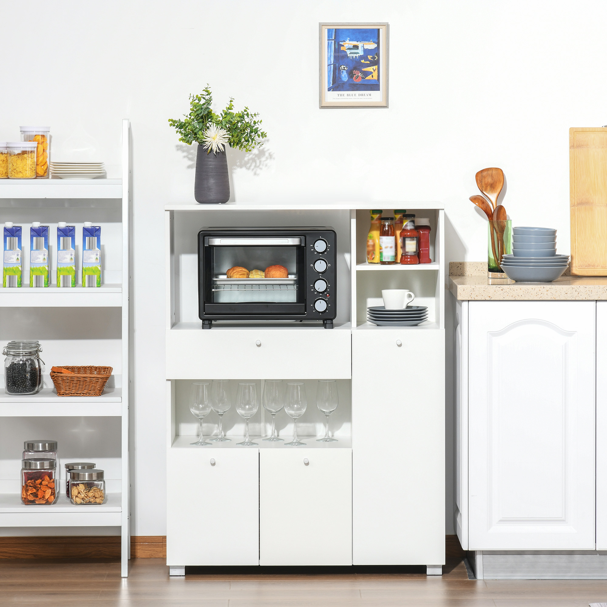 Küchenzeile Mit Mikrowelle Und Backofen, Inklusive Schränken, Regalen Und Schubladen, Moderne Speisekammer Aus Spanplatte Für Das Wohnzimmer, 90 X 40 X 120 Cm, Weiß