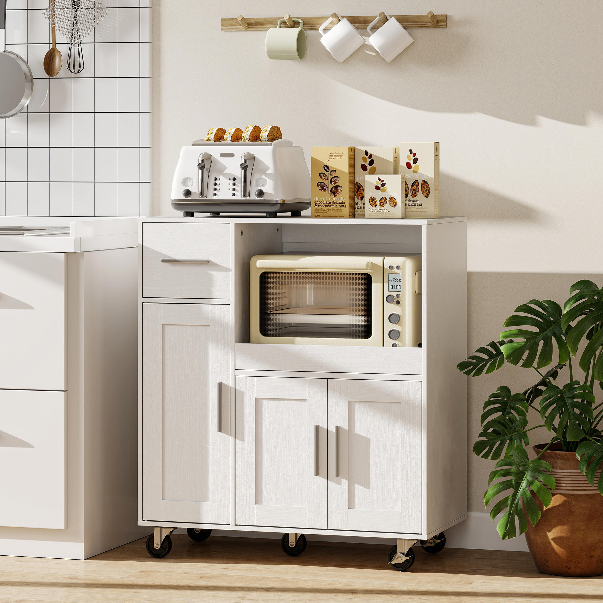 Mikrowellenschrank Aus Holz Mit Schublade, 2 Schränken, Offenem Fach Und Verstellbarer Arbeitsplatte, 80 X 40 X 88,7 Cm, Weiß